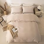 OAITE 100% Washed Cotton Duvet Cover Queen Size Soft Breathable Durable Bedding with Zipper Closure & 8 Corner Ties- 3 Pieces Plain Simple Duvet Cover Set,2 Pillow Shams,1 Duvet Cover(90"x90")