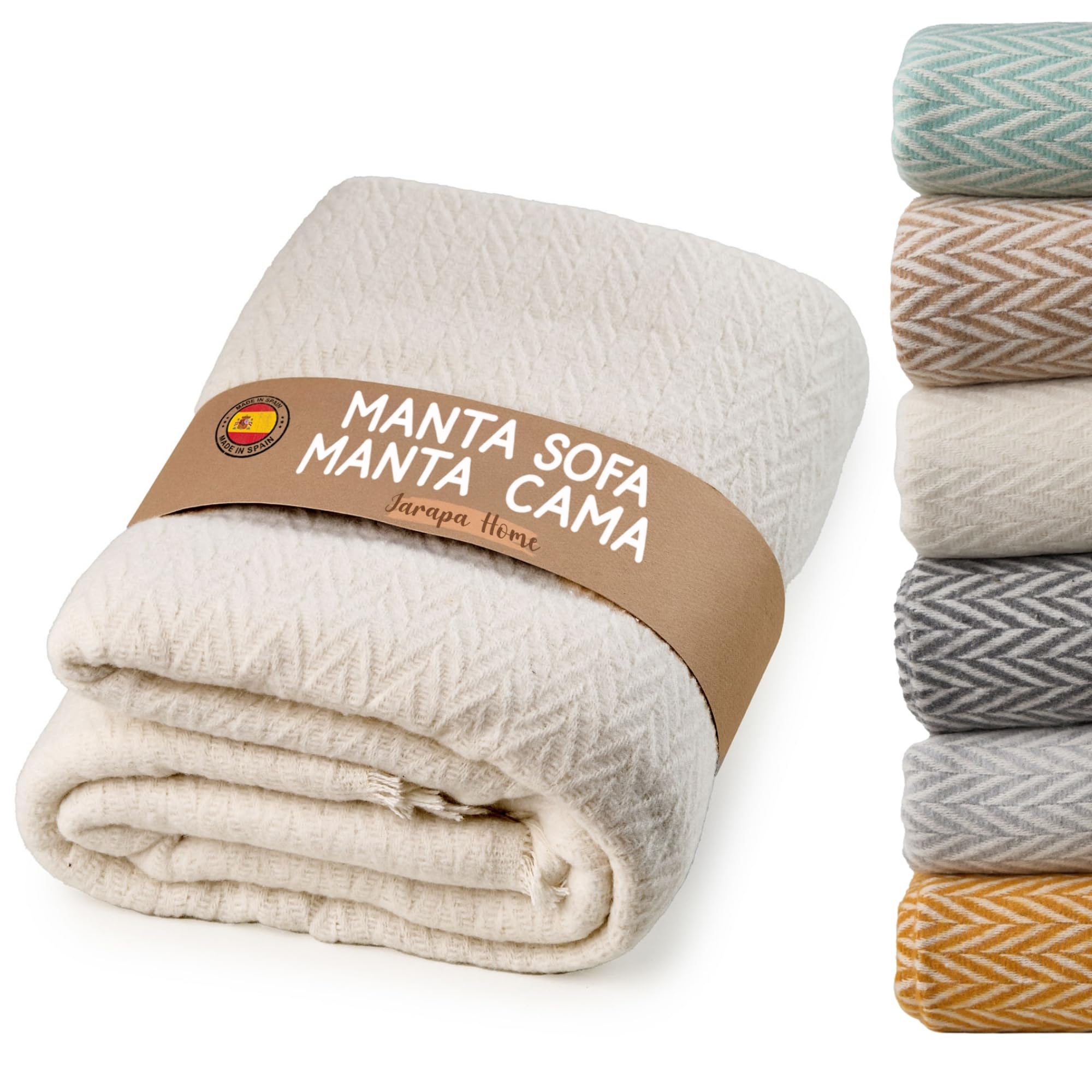 Jarapa Home Made with love Manta sofá, Plaid Sofa, Decoración Ideal para sofás y Camas, Cálida, Suave y Ligera, Colcha Entretiempo, 4 Estaciones, Diseño y Resistente (Crudo, 130x180 cm)