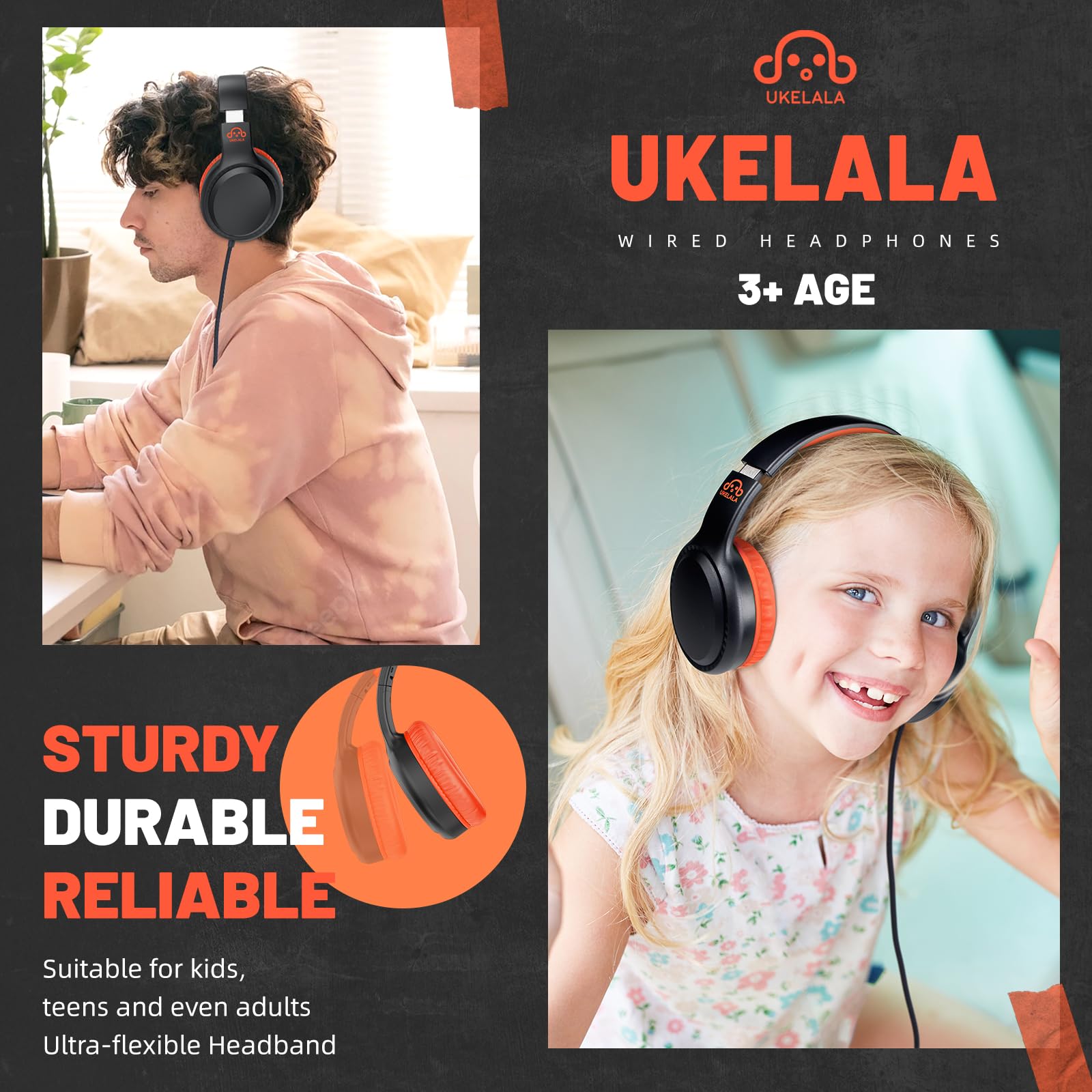UKELALA Pomarańczowe przewodowe słuchawki dla chłopców, przenośne, młodzieżowe, do szkoły, samolotu, podróży, lekkie, przenośne, kompatybilne z podkładką, komputerem, laptopem, dla dorosłych