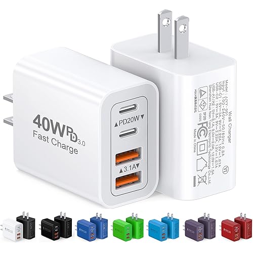 40W USB C Charger Cube, 2-Pack Wall Plug Fast Charging Block, 4-Port PD+QC Power Adapter Multiport Brick Type C Box for iPhone 17/16/15/14/13/12/11/Pro Max/XS/XR/8/7, Tablets, Cellphones