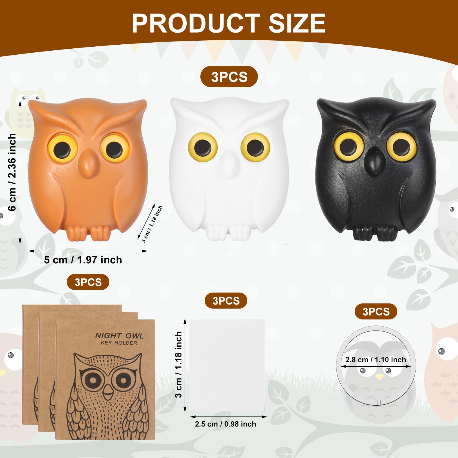 CYZBL 3Pcs Magnetic Key Holder, No-Punch Wall Key Hook Storage, Keyhook Storage Ornament Owl Key Holder - Image 2