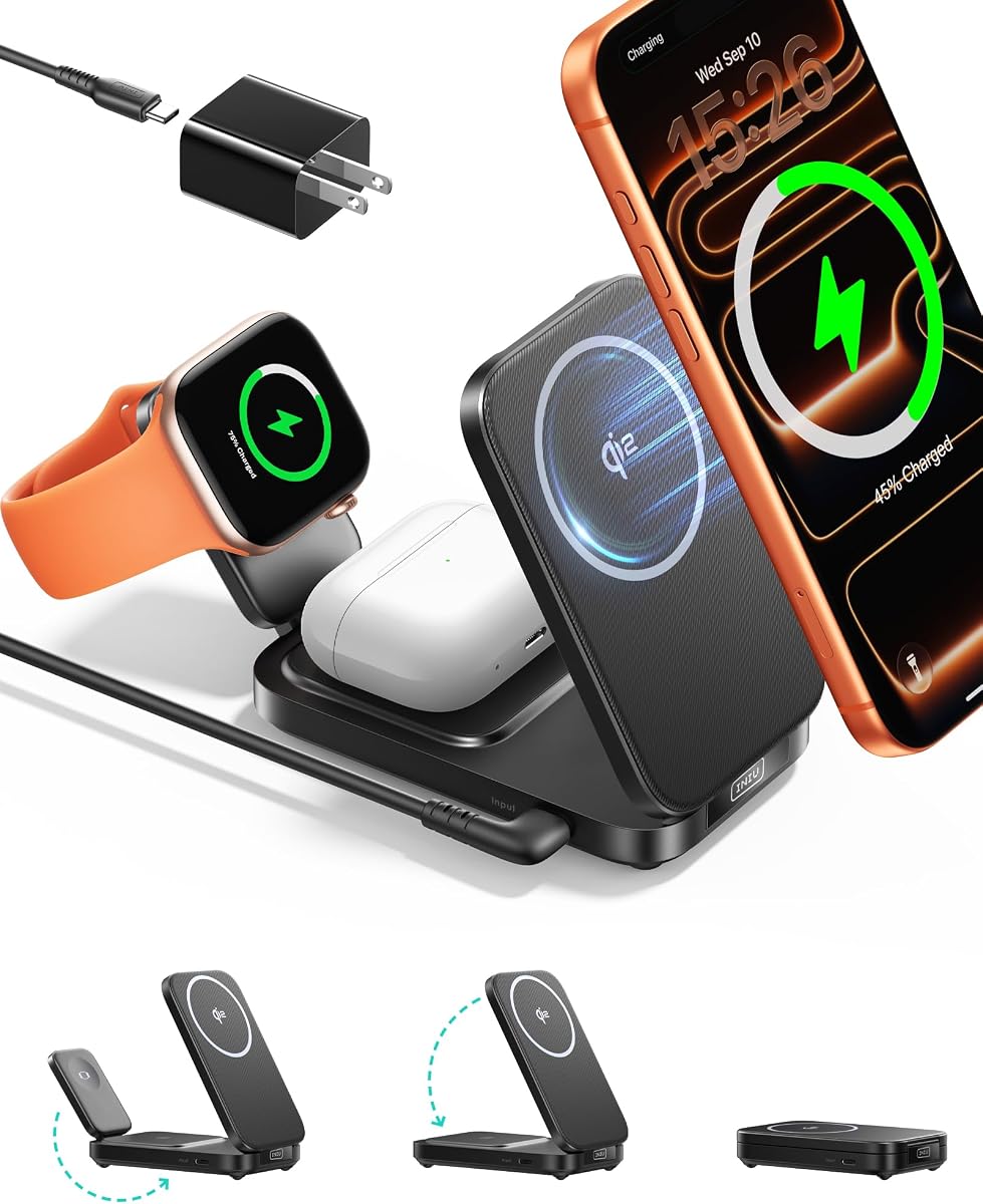 INIU 3 in 1 Foldable Wireless Charging Station, Original Qi2 Certified 15W Fast Mag-Safe Charger Stand for iPhone 17 16 15 14 13 12, Apple Watch, AirPods, Ideal for Travel Office Desk Accessories