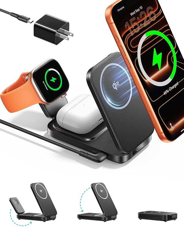 INIU 3 in 1 Foldable Wireless Charging Station, Original Qi2 Certified 15W Fast Mag-Safe Charger Stand for iPhone 17 16 15 14 13 12, Apple Watch, AirPods, Ideal for Travel Office Desk Accessories by INIU - Used condition - CA$37.70