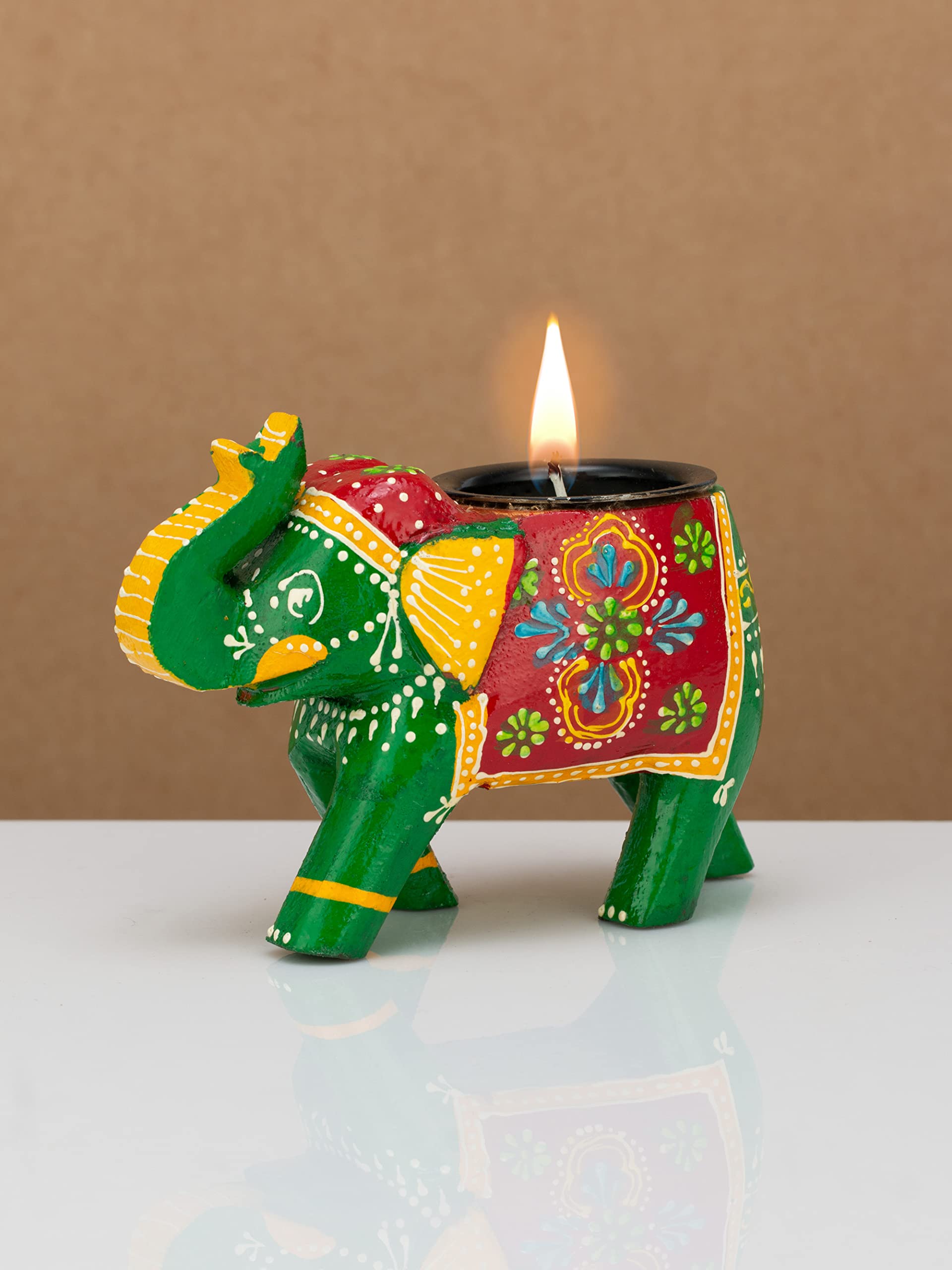 JH Gallery Home Decor Handcrafted and Hand-Painted Colorful Wooden Elephant Tea Light Holder (4 Inches, Green, Pack of 1)-image-28