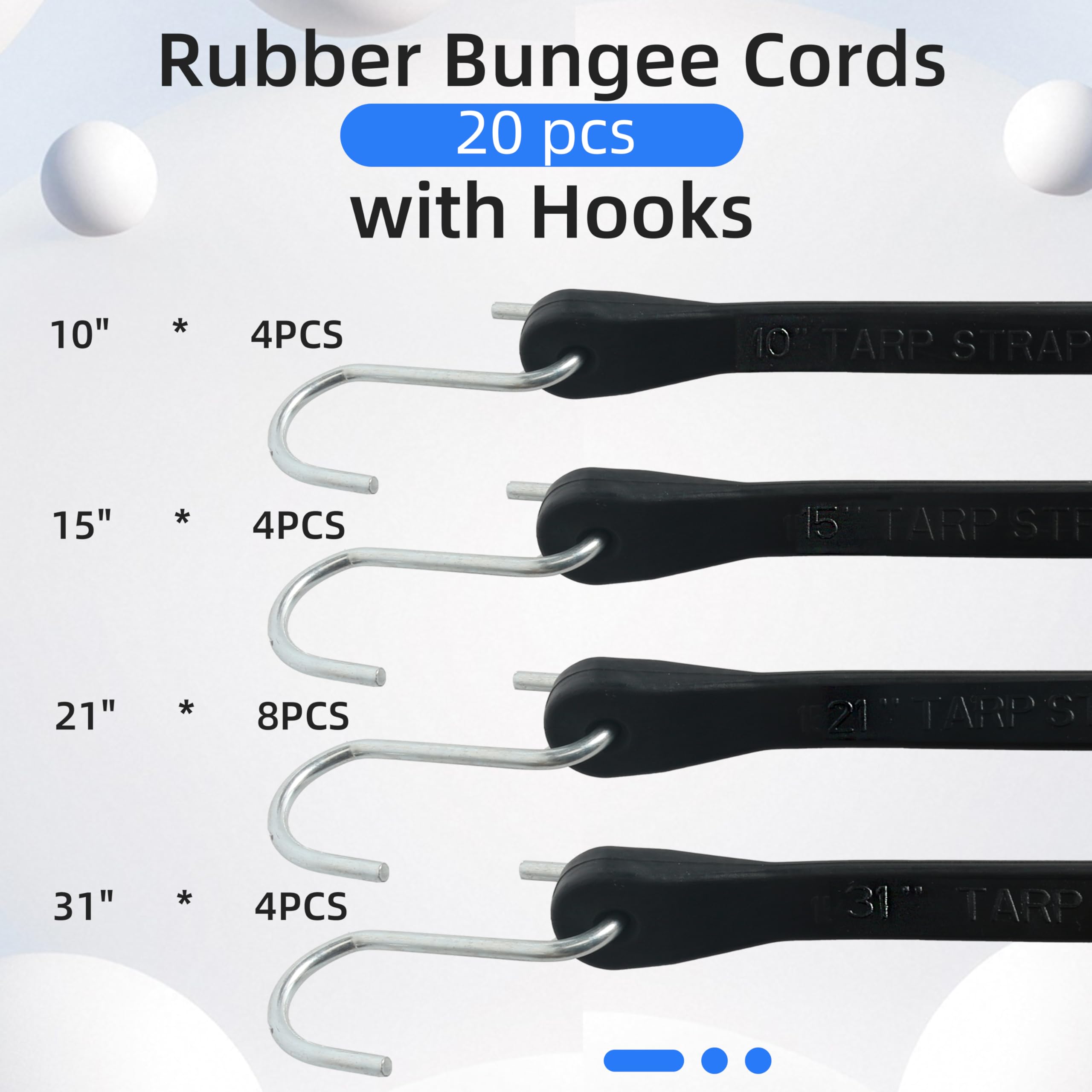 Paquete de 20 cuerdas elásticas de goma con ganchos, 10, 15, 21 y 31 pulgadas, correas de lona resistentes para exteriores, elasticidad máxima 1.5X, carga de 180 libras, para camping, fijación de