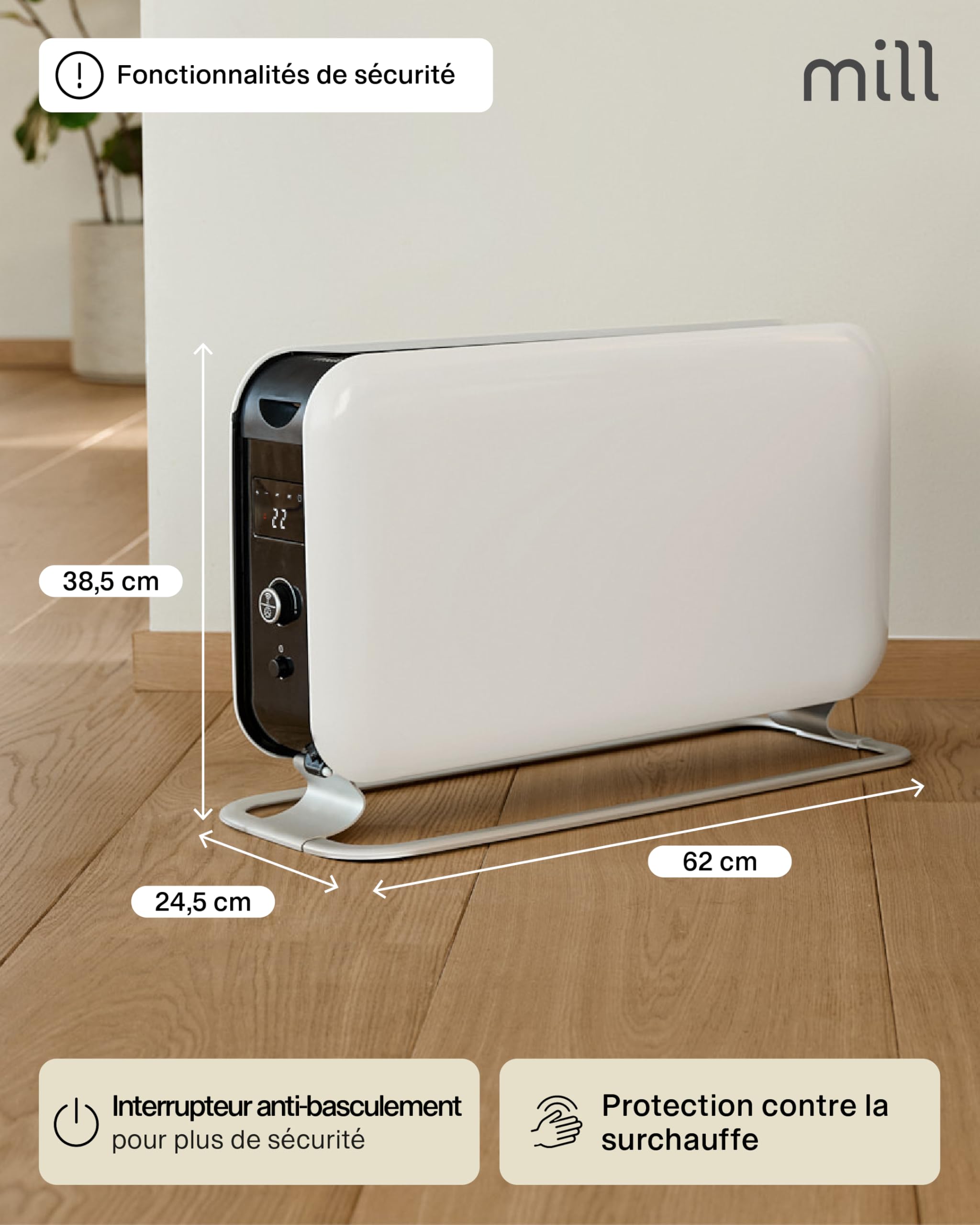 Mill Radiateur Electrique Instant Max 2200W – Radiateur d’appoint, pour 26–30m², Chauffage Portable Rapide et Silencieux avec écran LED, Convecteur Électrique Design Norvégien