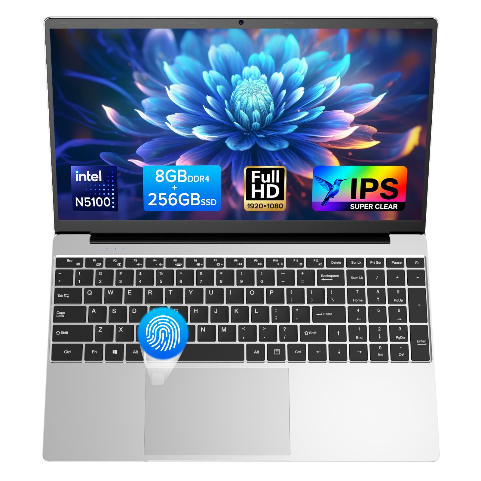 2026 Latest Laptop Computer Notebook,15.6" IPS FHD Display,8GB RAM 256GB SSD,Celeron N5100 Processor,WiFi5,BT5.0,USB3.0,Backlit keyboard,Fingerprint for Business Home Office and Students,Silver