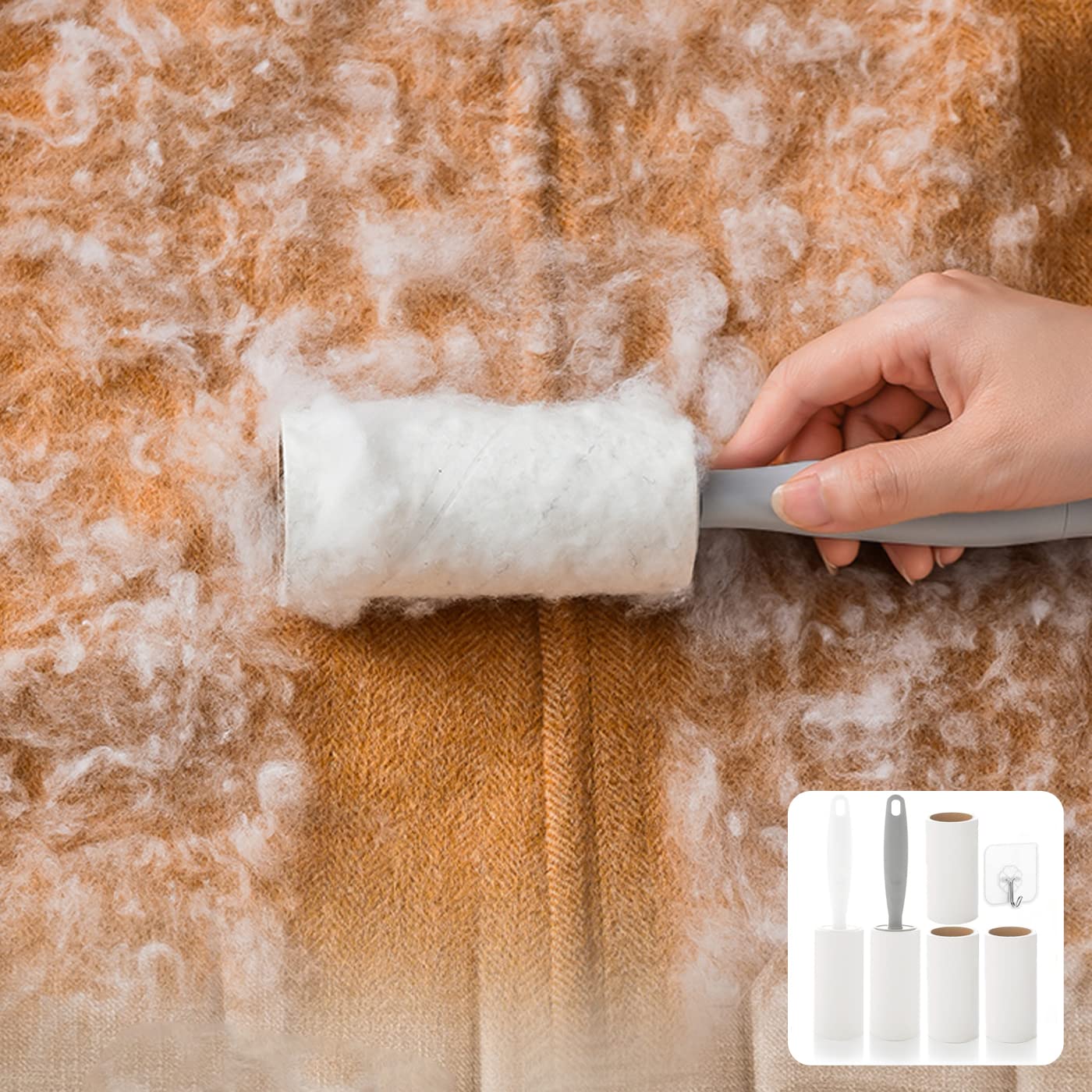 GEDUORIE Portable Lint Roller Pet Hair Remover with 2 Handle 5 Refills 300 Sheets Replacement 5 Pieces Set Lint Roller Hair Cleaning Tools