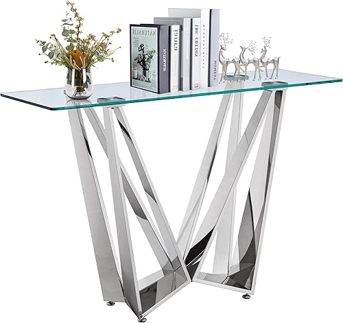 Miniatura 26 de Mesa consola de cristal dorado de lujo moderna de 55 pulgadas, mesa de entrada delgada con base de acero inoxidable brillante con espejo Consola