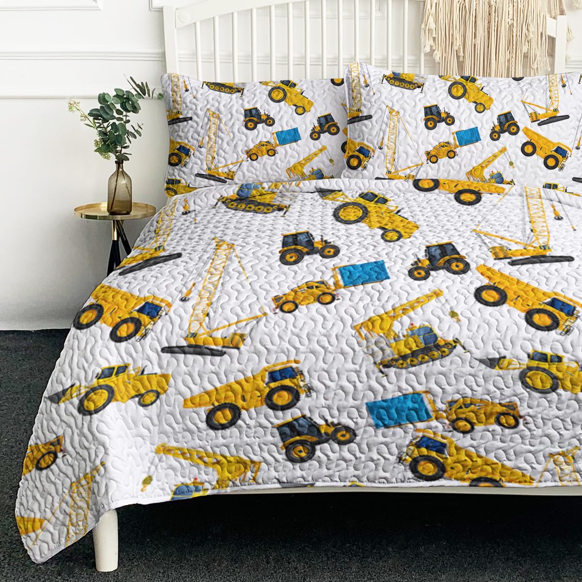 BlessLiving Yellow Engineering Truck Quilt Set 3PCS King Size Soft Lightweight Bedspread Coverlet Microfiber Bedding Set with 2 Pillow Shams for Kids Girls Boys Cartoon Truck Design Bedroom Bed Decor