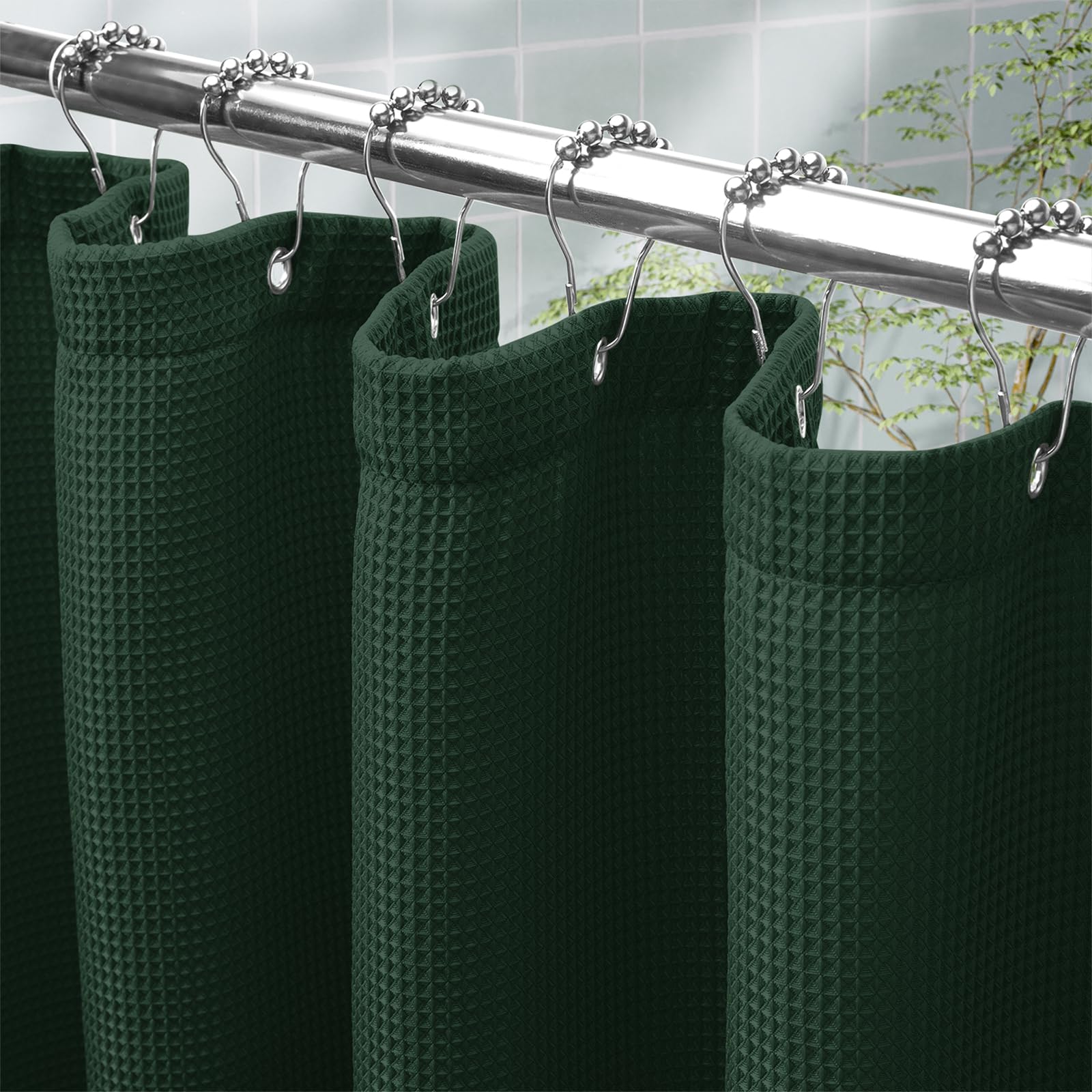 AmazerBath Dark Green Shower Curtain Waffle Textured, Deep Green Shower Curtain Fabric Thick Heavy Duty 240GSM, Hotel Quality Bathroom Shower Curtains, Premium Polyester, 72 x 72 Inches