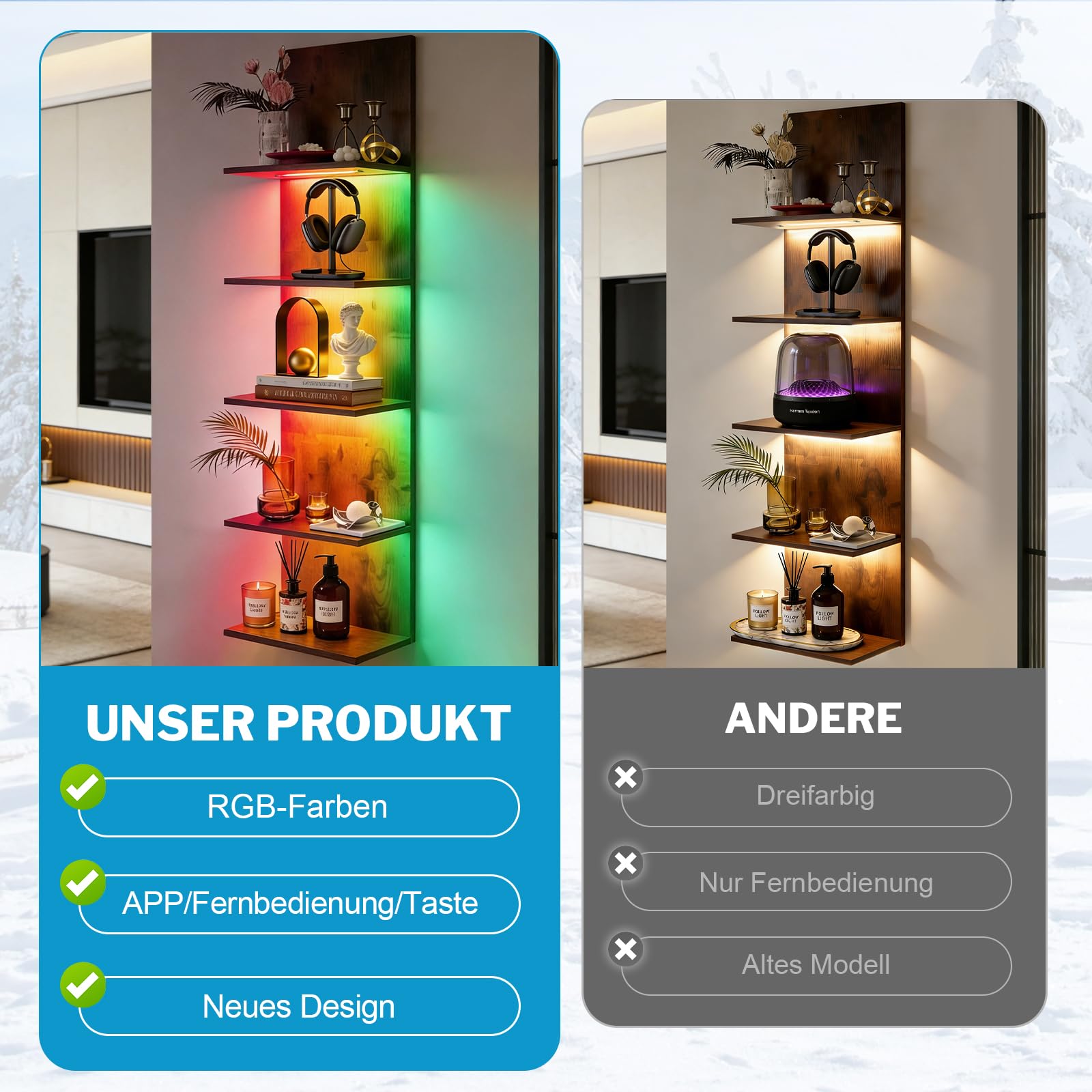 Wandregal mit RGB+IC-Beleuchtung, Bücherregal Wand mit APP & Fernbedienung | Wandregal Holz 5 Ebenen, Wandregal Schmal Schminktisch Regal für Schlafzimmer, Wohnzimmer, 30x18x117 cm, Holzfarben