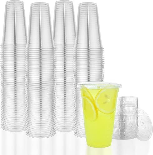 17supply Vasos con tapas, vasos desechables de plástico transparente de 20 onzas, paquete de 200 unidades, vasos transparentes con tapas, tazas de