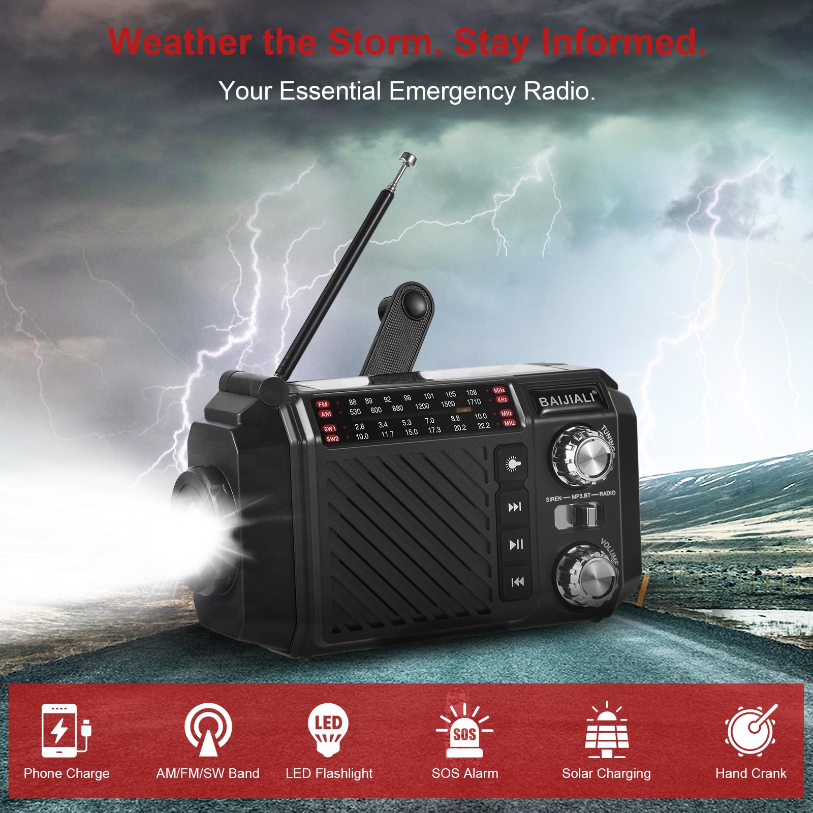 Kurbelradio Notfallradio mit 2600mAh Powerbank, Solar & USB-C Ladung, AM/FM/SW Weltempfänger, LED-Taschenlampe & SOS-Alarm für Notfall-Kits (Schwarz)