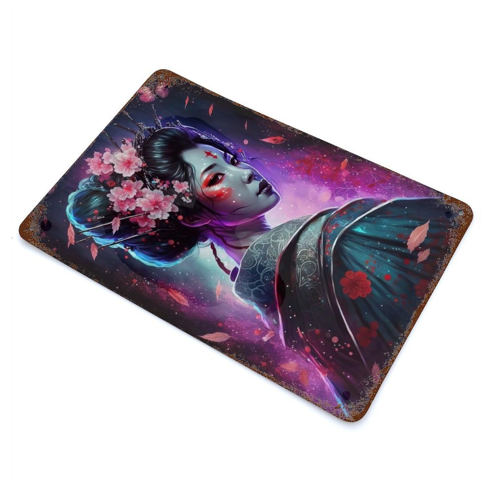 Rust Effect Geisha Traditions Persist Aged Metal Wall Plaque 11.8"x7.9", Rustic Home Decor for Bistro, Counter And Cafe Decor