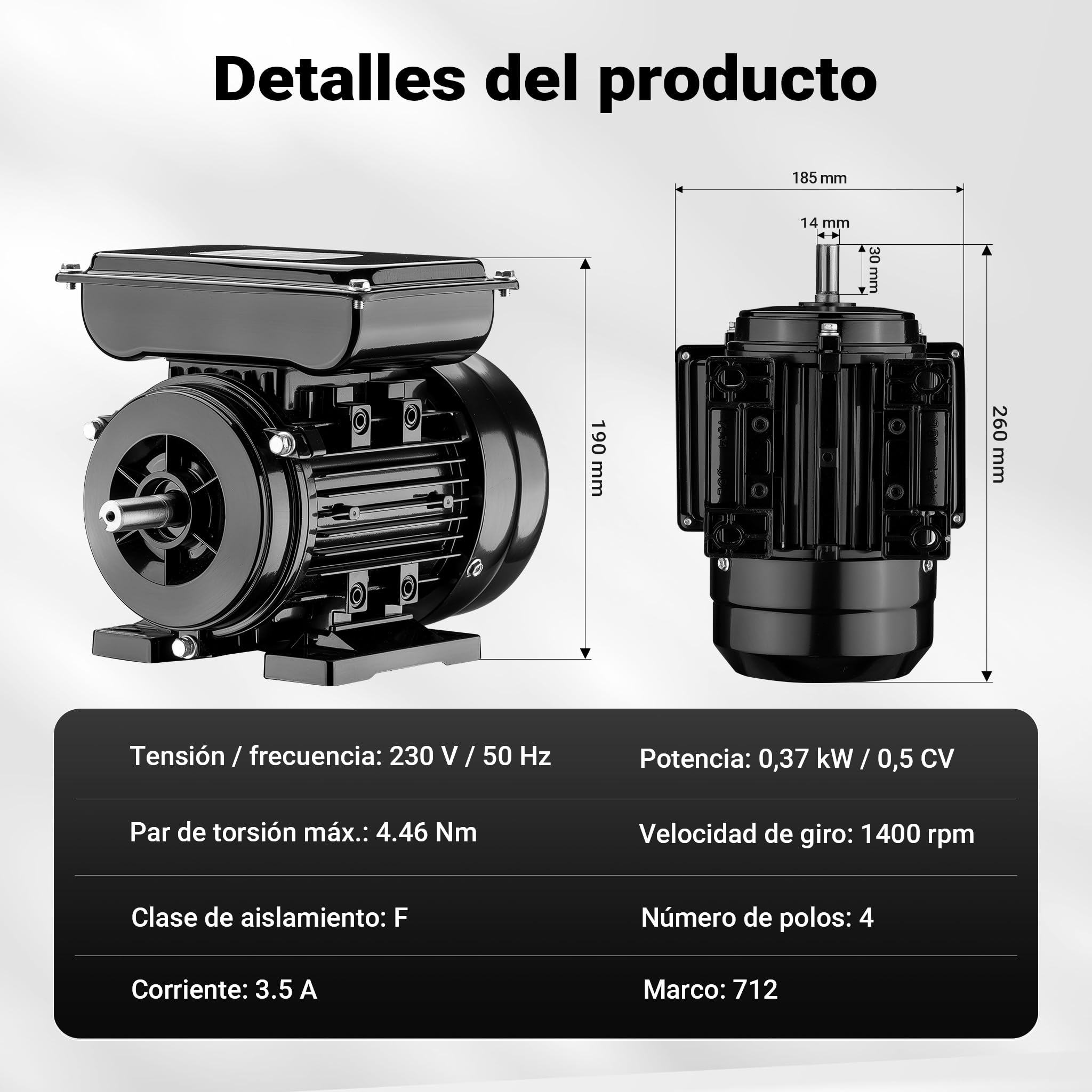 Wiltec Motor eléctrico monofásico 0,37 kW 0,5 CV diseño compacto, robusta carcasa de aluminio, motor de 1400 rpm para uso doméstico, industrial y agrícola, uso versátil