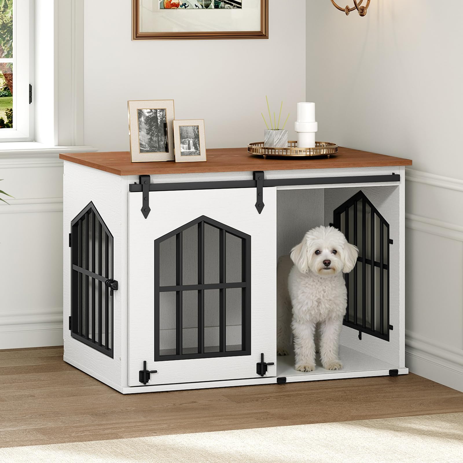 MAHANCRIS Dog Crate Furniture, 31.5" Farmhouse Dog Kennel with Sliding Barn Door, Wooden Dog Cage for Small Medium Dogs, Decorative Pet House Side End Table, Chew-Resistant, White and Walnut DCBA9601
