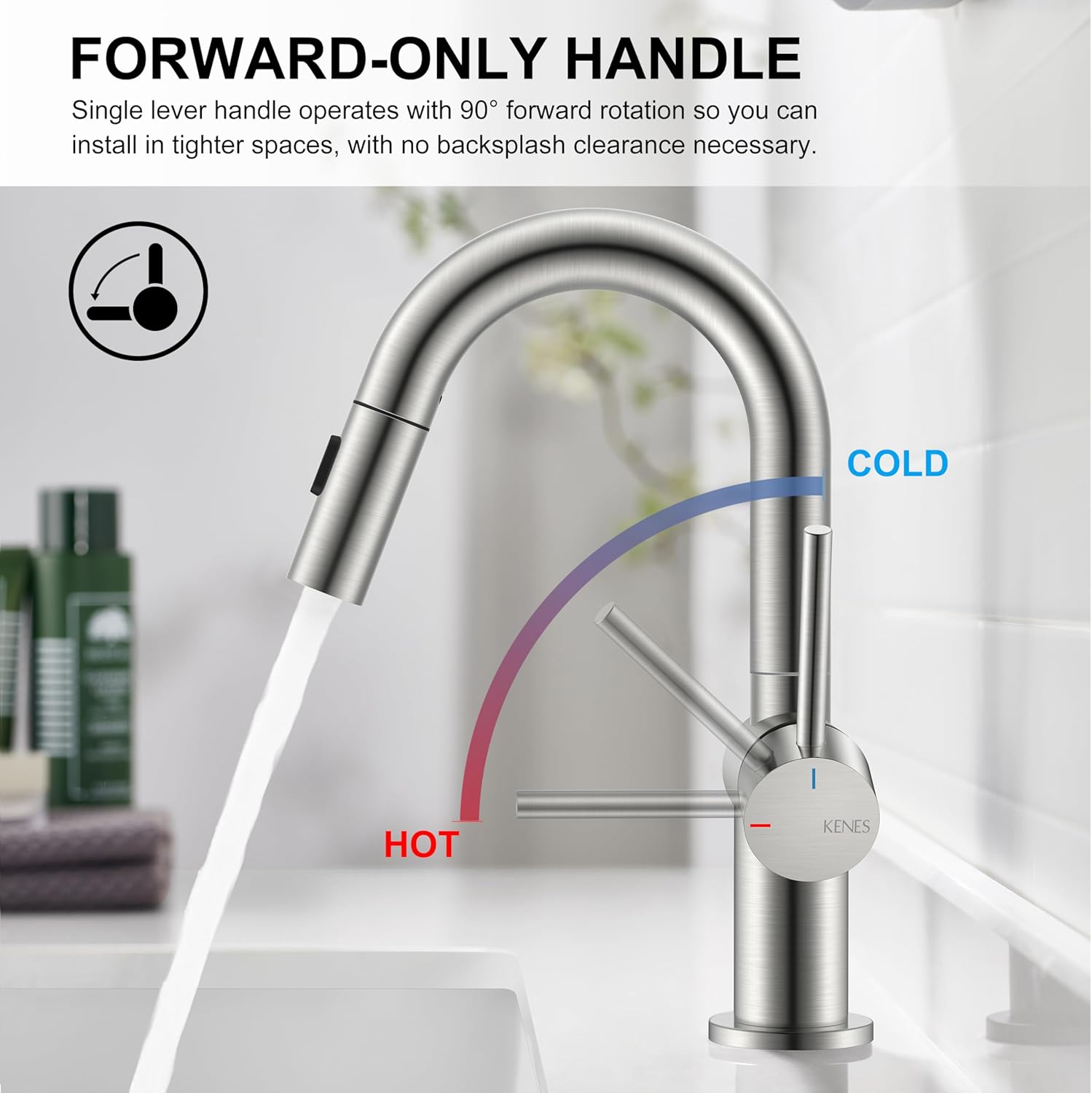 KENES Brushed Nickel Bathroom Faucet with Pull Down Sprayer, Single Handle Bathroom Sink Faucet with Pull Out Sprayer, Vanity Faucet with Pop Up Drain & Deck Plate, KE-9065B