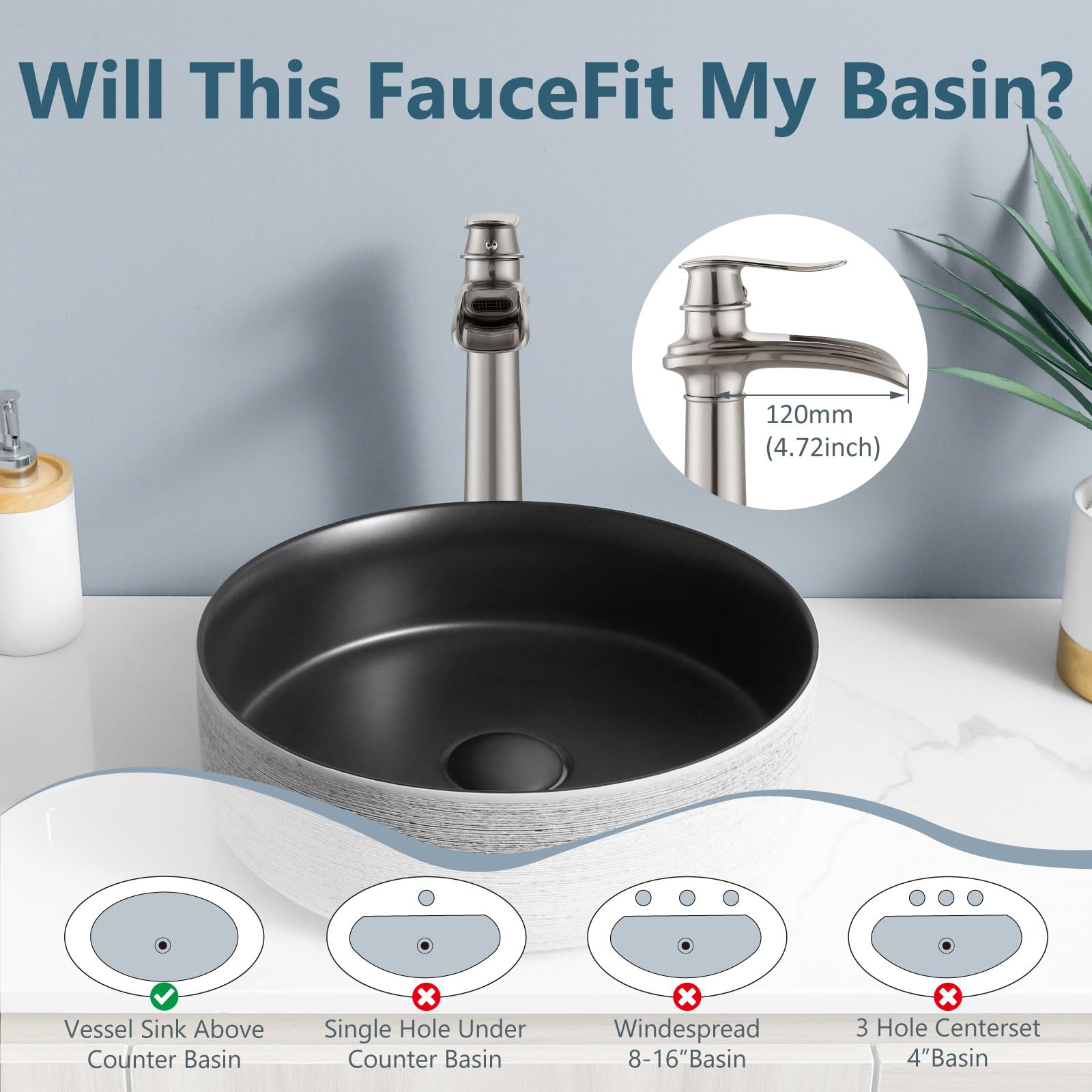 Aolemi Vessel Sink Faucet,Single Handle Bathroom Sink Faucet 1 Hole,Solid Brass Waterfall Tall Bathroom Faucet,with Pop-Up Drain & Supply Water Hoses,Waterfall Spout Brushed Nickel