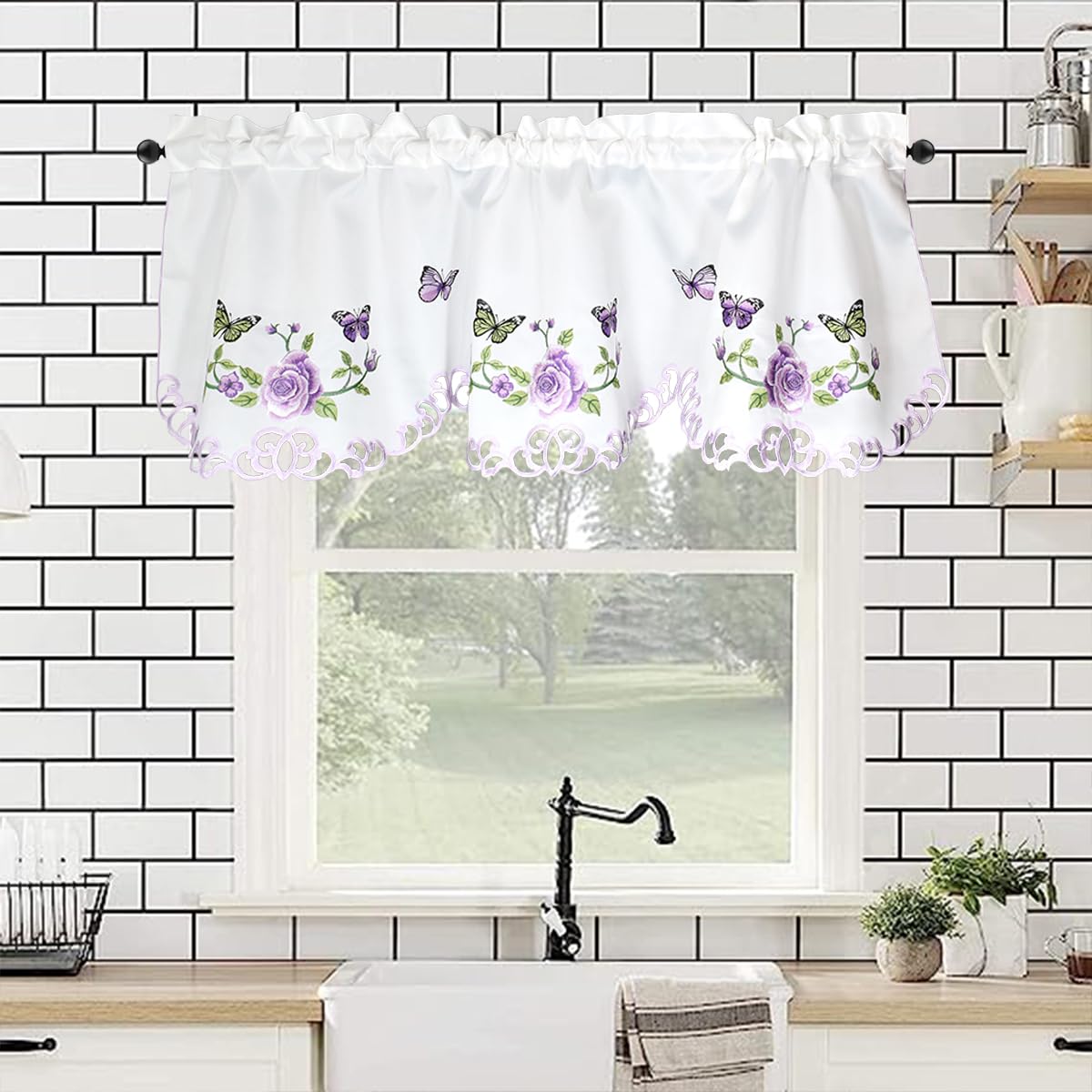 Molaxhome Beautiful Dazzling Embroidered Window Valance,Rod Pocket Valance and Tiers for Home Decor (Purple, W52x18L) - Image 2