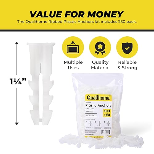 Vista 31 de Qualihome Anclajes de plástico ligero acanalado de calidad prémium para paredes huecas, kit de anclaje para colgar en la pared para imágenes, obras