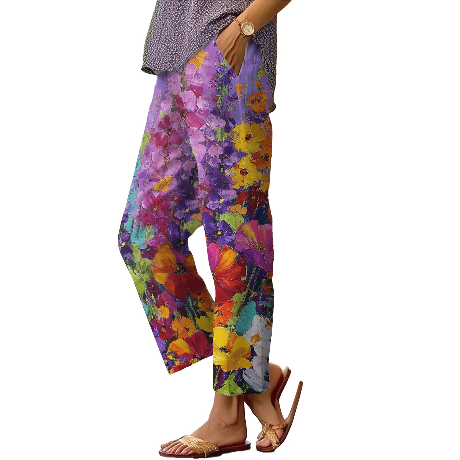 Womens Floret Pants Butterfly Floral Oil Painting Print Causal Trousers Summer Elastic Waist Pants Lightweight
