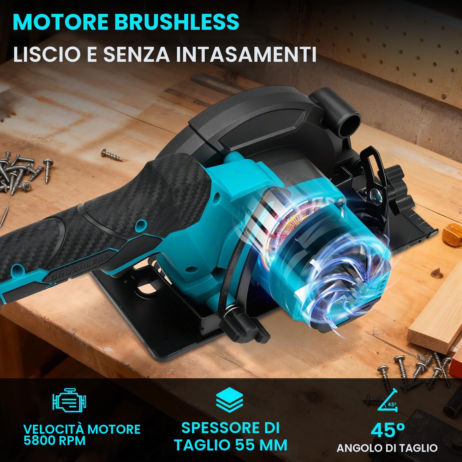 Sega circolare a batteria compatibile con Makita 18V, sega circolare senza spazzole, 5800 RPM, profondità di taglio 55 mm, 0-45°, sega circolare elettrica per legno, plastica (senza batteria)