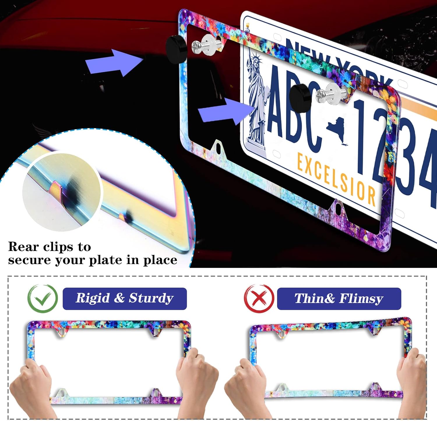 【2Pcs】 Abstract Floral Watercolor Hand Drawn Flowers License Plate Frame Stainless Steel Car License Plate Frame Accessory Car Plate Frame Decor for US Canada Vehicle Standard Size