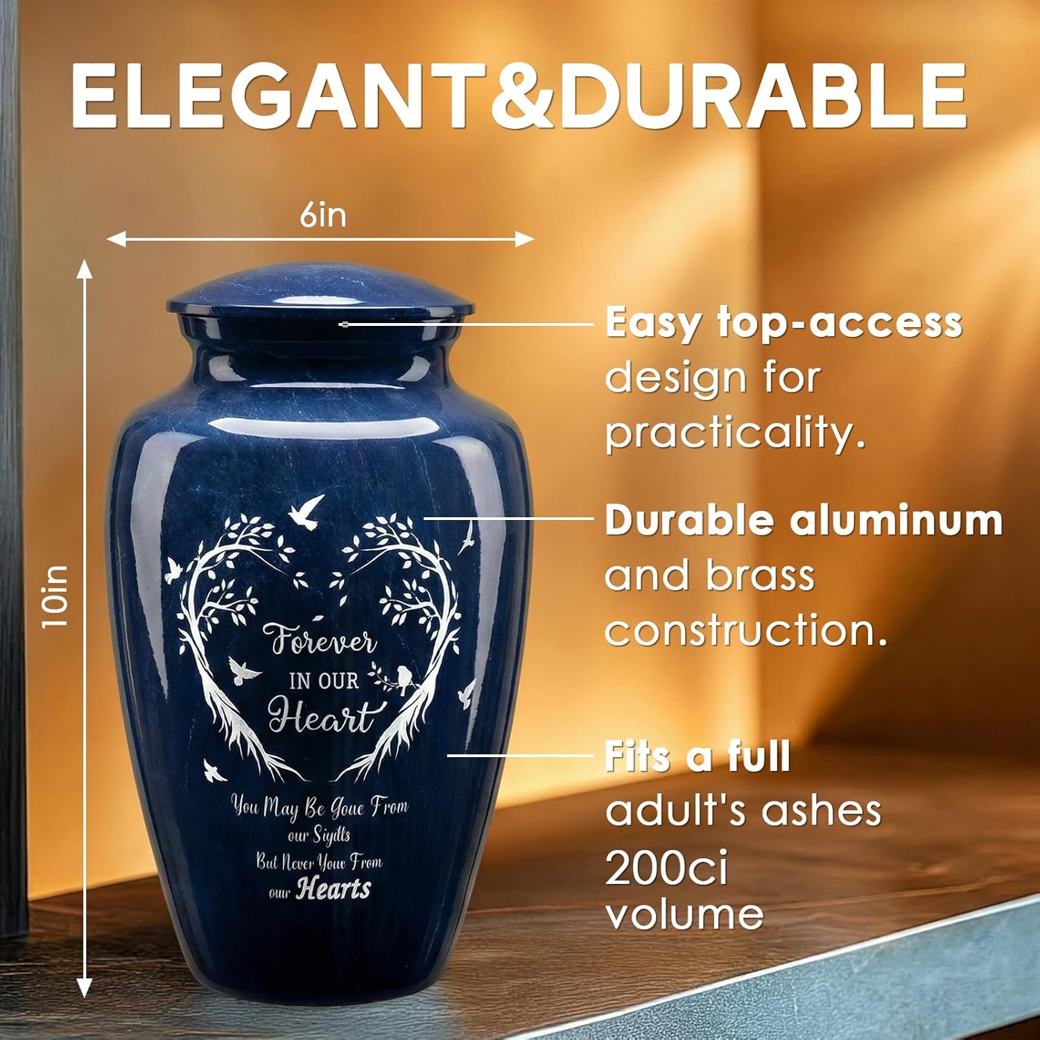 Handcrafted Urn for Human Ashes, Large Decorative Cremation Urns, Memorial Funeral Urn for Men & Women Adults with Heart-Shaped Tree Marble Finish, Metal Alloy 10" H x 6" W