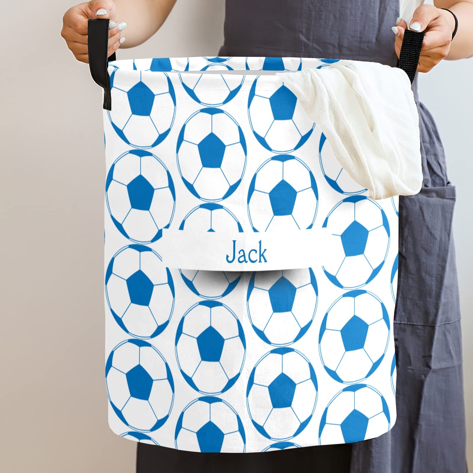 Soccer Personalized Freestanding Laundry Hamper, Custom Waterproof Collapsible Drawstring Basket Storage Bins with Handle for Clothes