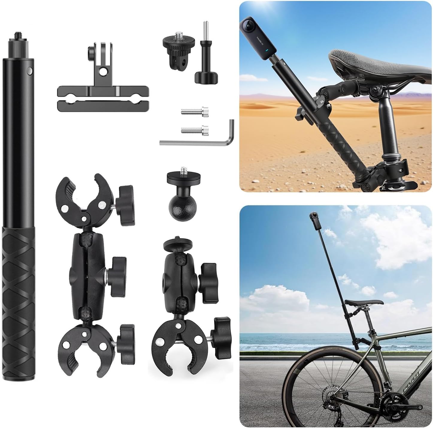 Aluminum Bike Motorcycle Tail Mount Kit for Insta360 X5 X4 X3 Action OSMO 360 Go Pro with 47" Invisible Selfie Stick, Rotating Lock, Heavy Duty Clamps, Dual Ball Mounts