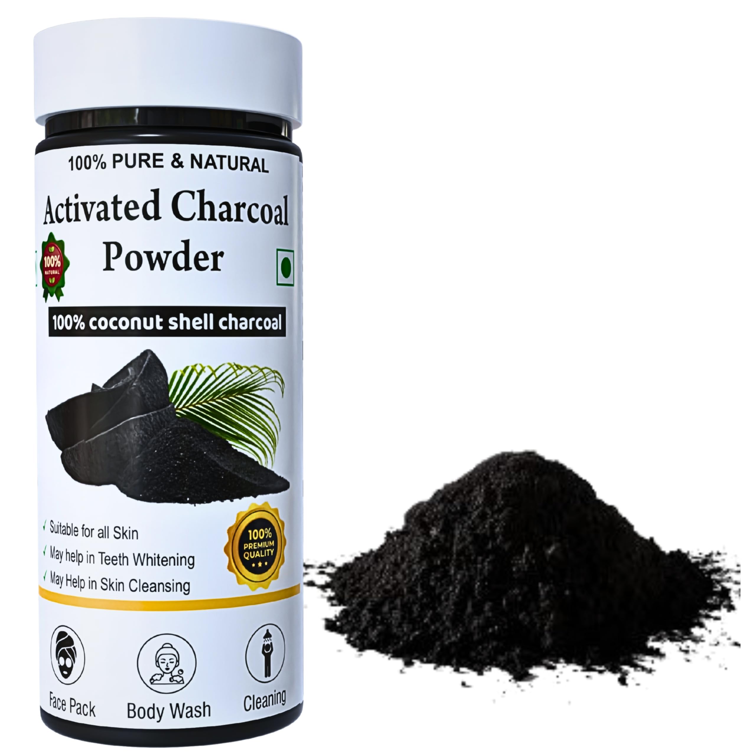 MAF Activated Charcoal Powder for Face, Skin & Teeth Whitening 150 Gram , Grade A+ Charcoal Powder from Coconut Shell , Removes Stains, Cleanses Pores, Provides Fresh Breath, and Detoxifies Body (150 Gram)