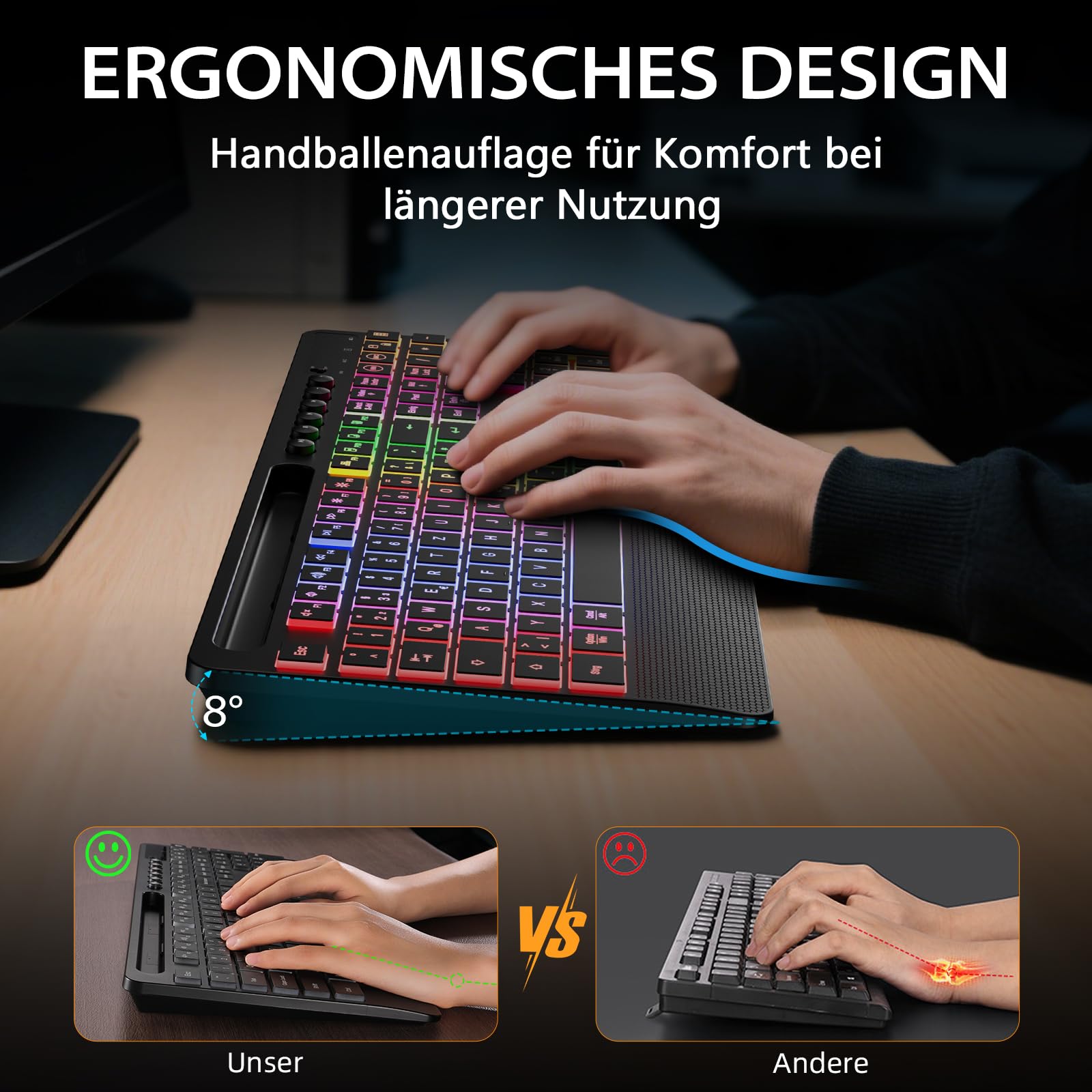 Hamile Tastatur Maus Set kabellos Beleuchtete mit Handyhalter, 2,4G QWERTZ