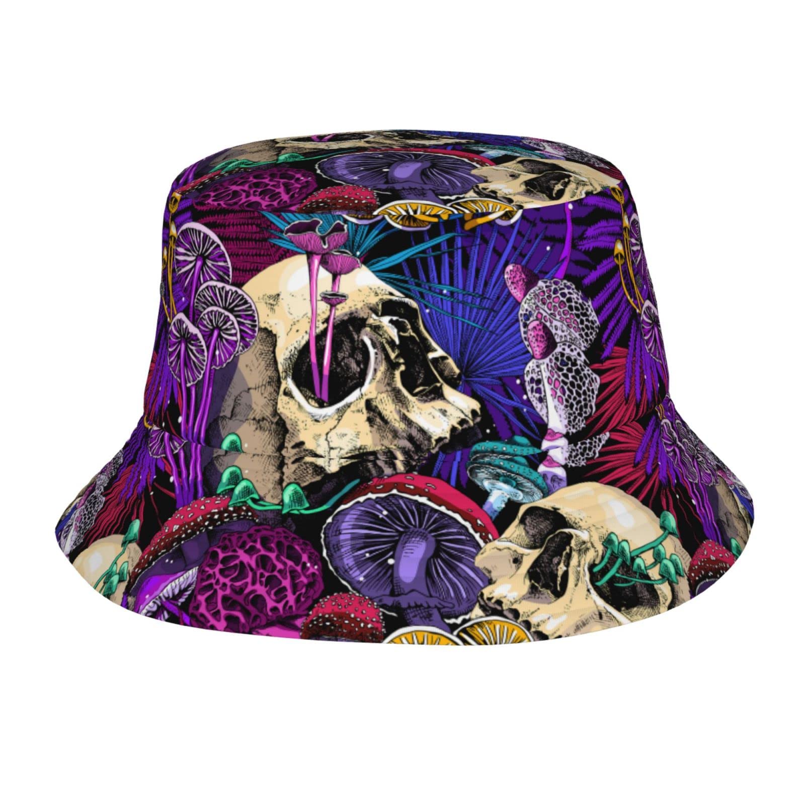 IUBBKI Magic Psychedelic Mushrooms and Skulls Bucket Hat Fashion Sun Cap Packable Outdoor Fisherman Hat for Women and Men Teens Beach Caps Fishing Cap