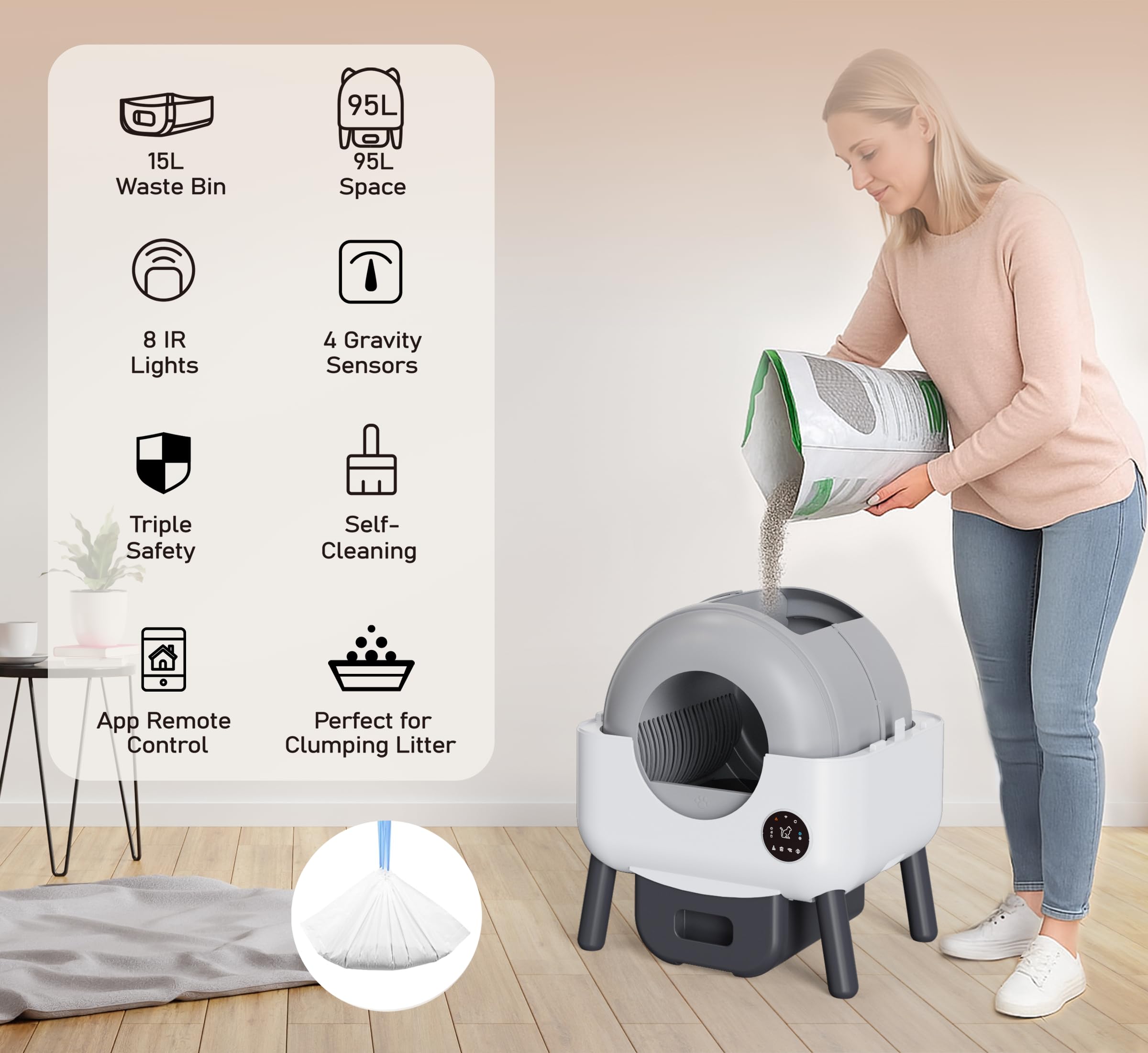 Automatic Self Cleaning Litter Box, MeowWhimsy Extra Large Automatic Cat Litter Box Self Cleaning Robot S7 for Cats, Smart Safety Sensors-App Control-Low Noise, Washable Tray,40 pcs Trash Bag - image 5