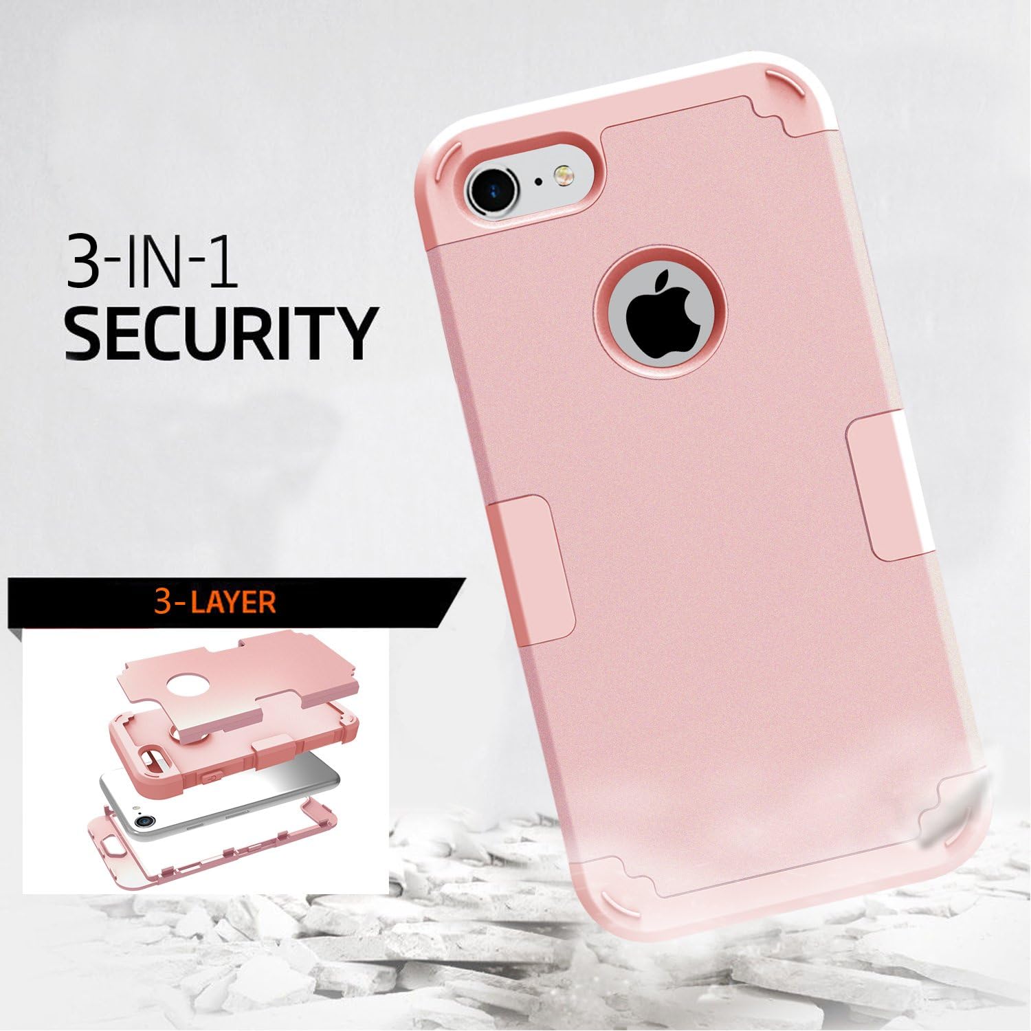 LONTECT for iPhone 8 Case, iPhone 7 Case Hybrid Heavy Duty Shockproof Full-Body Protective Case with Dual Layer [Hard PC+ Soft Silicone] Impact Protection for Apple iPhone 8/iPhone 7, Rose Gold