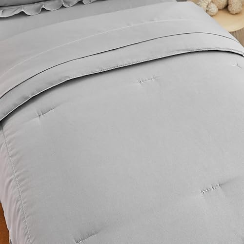 Miniatura 6 de Juego de ropa de cama gris de 4 piezas para niños pequeños con flecos de volantes, juego de ropa de cama de color sólido para niños pequeños - 1