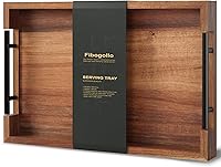 Fibogollo Acacia Wood Serving Tray with Metal Handles - 15x10in Decorative Platter for Coffee Table, Ottoman, Living Room, Bar, Parties