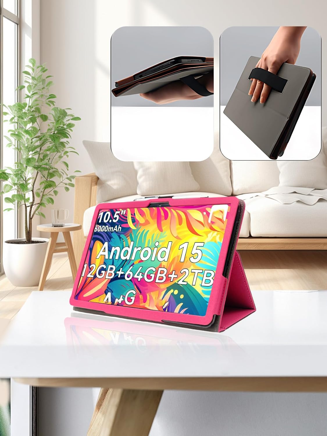 for TABWEE T80 10.5 Inch Android Tablet Case,Folding Stand Protective Cover with Pencil Holder and Wrist Strap,Full Protection, Premium PU, Scratch Resistant(Rose Red)