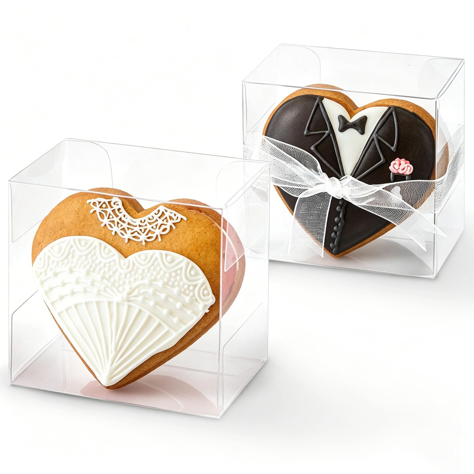 Jutieuo 100 Stück einzelne transparente Oreos Keksboxen mit Schokoladenüberzug, 5.5x5.5x3.5 cm, einzelne Macaron-Boxen mit Bändern, Süßigkeiten, Mondkuchen-Verpackung