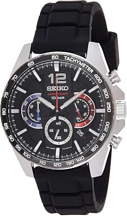 Seiko Mens Essential Collection Quartz Chronograph Tachymeter Bezel Black Ion Finish Multilayer Dial Black Silicone Strap 100M Water Resistant SSB347, Silver, Essential