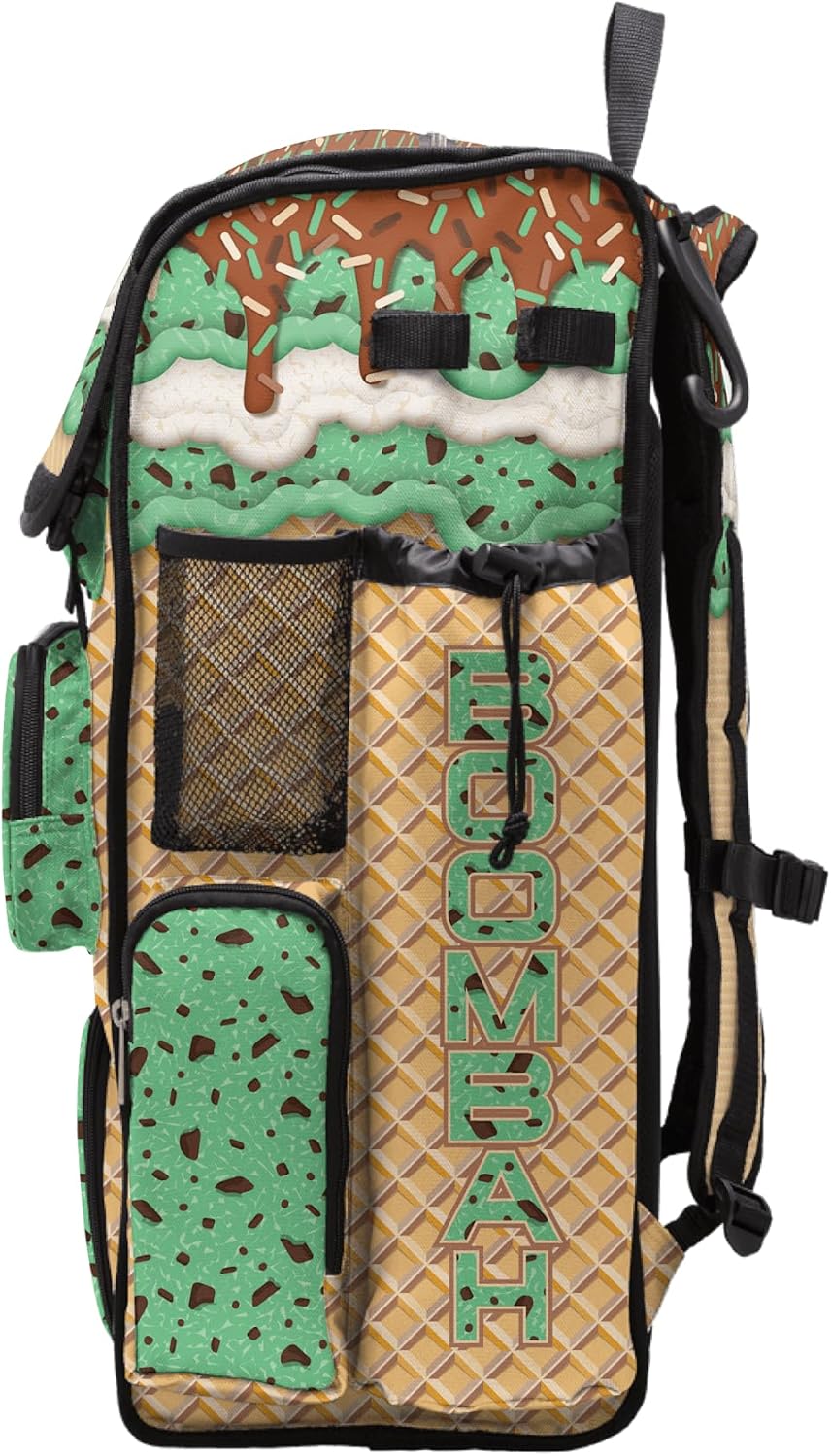Boombah Superpack Bat Bag - Backpack Version (no wheels) - Holds 4 Bats - Ice Cream Mint Chocolate Chip Gold/Mint/Texas Orange