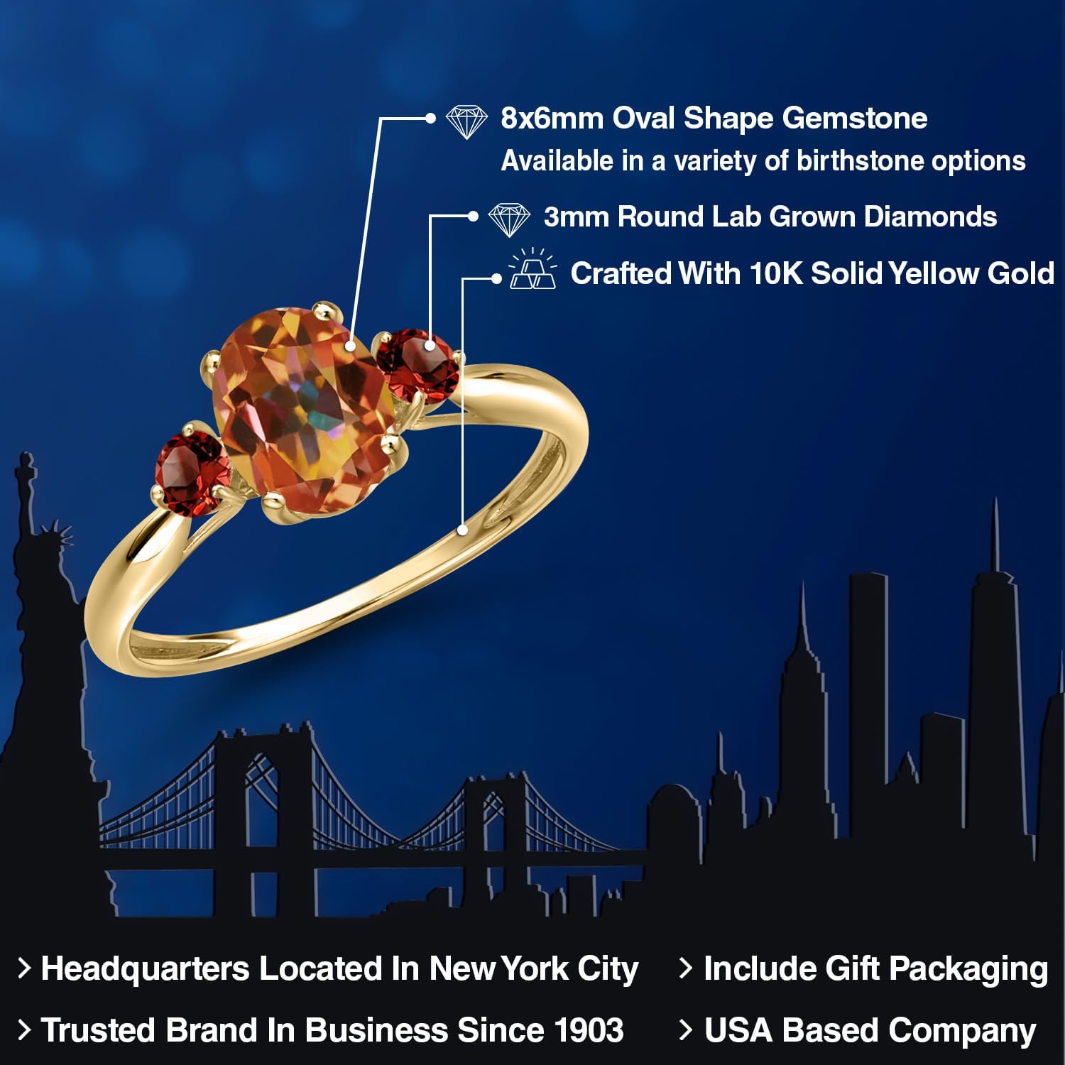 Gem Stone King 10K Yellow Gold Ecstasy Mystic Topaz and Red Garnet 3-Stone Ring For Women | 1.80 Cttw | Oval 8X6MM | Gemstone November Birthstone - Image 2