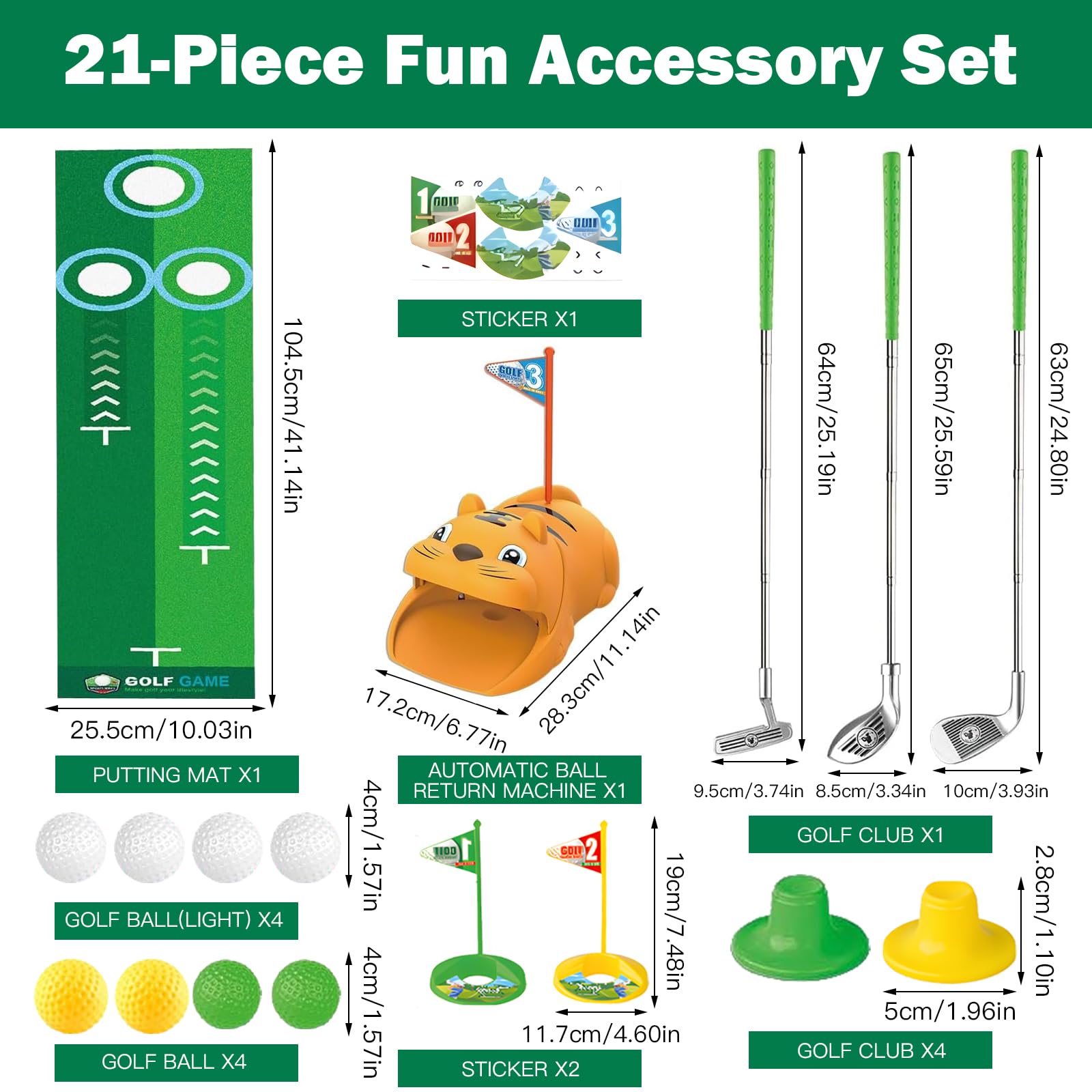 Mini Golf Set 18 Pièces, Golf Jouet Enfants Retour Automatique Dinosaure Case 3 Clubs Rétractables Plein Air