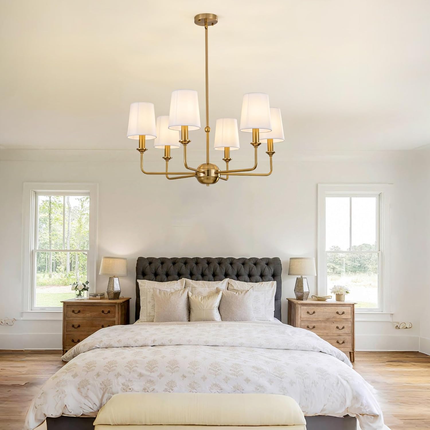 Brushed Gold Chandelier 6-Light Modern Chandeliers with White Fabric Shade Brass Farmhouse Chandelier for Dining Room Kitchen Island Living Room Bedroom Entryway