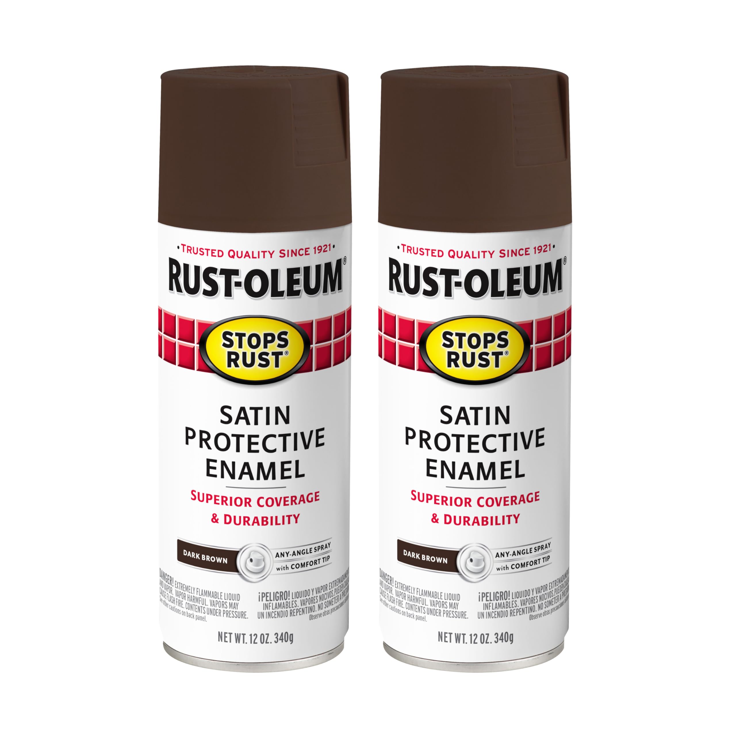 Rust-Oleum Stops Rust Spray Paint, Satin Dark Brown | Rust Resistant, Indoor and Outdoor Durability, Beautiful Finish on Metal, Wood and More, Sprays from Any Angle, 2 Pack
