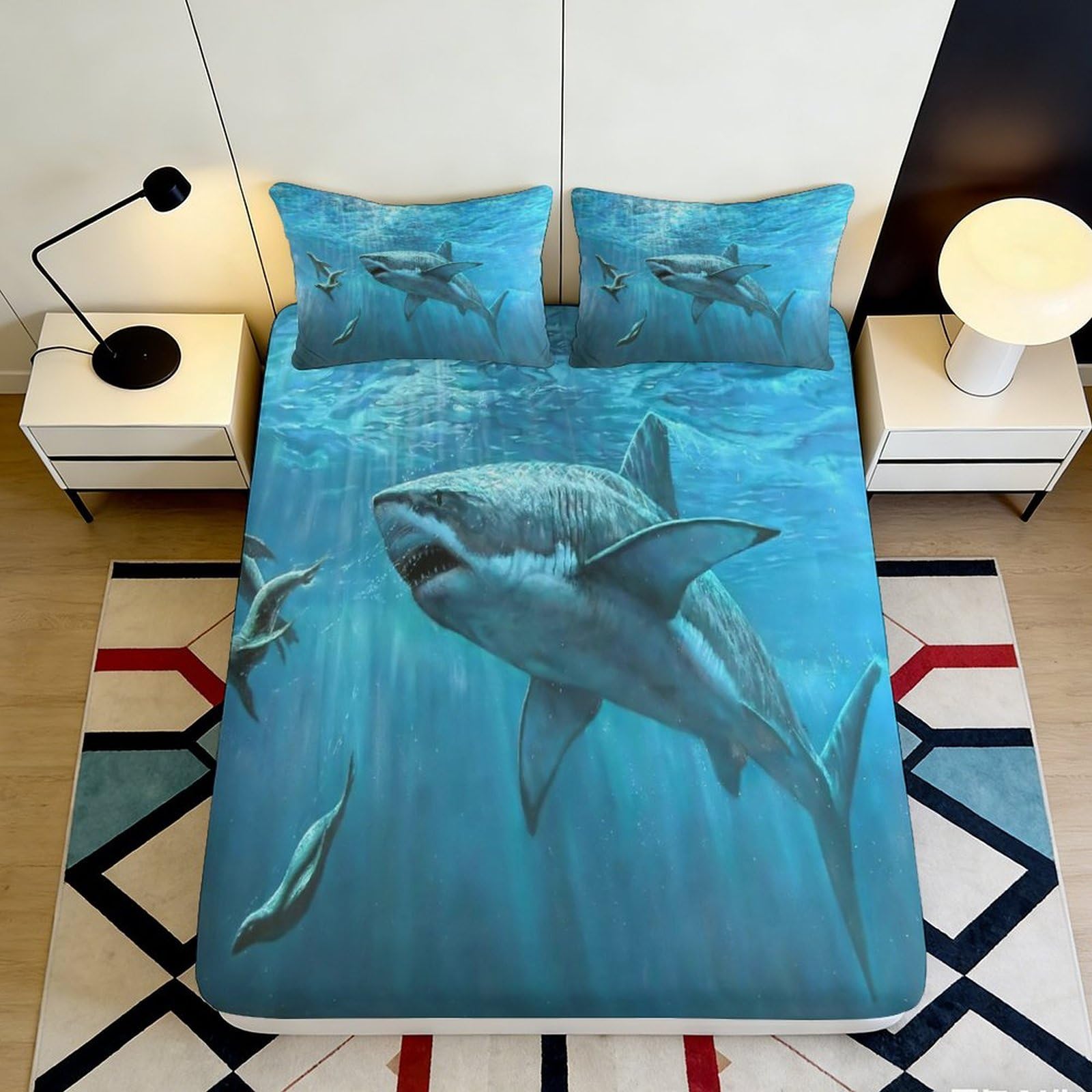 3D Printed Ocean Shark Fitted Sheet Microfiber Soft Blue Underwater Mattress Cover for Bedroom Dorm Decor 90x200x25cm