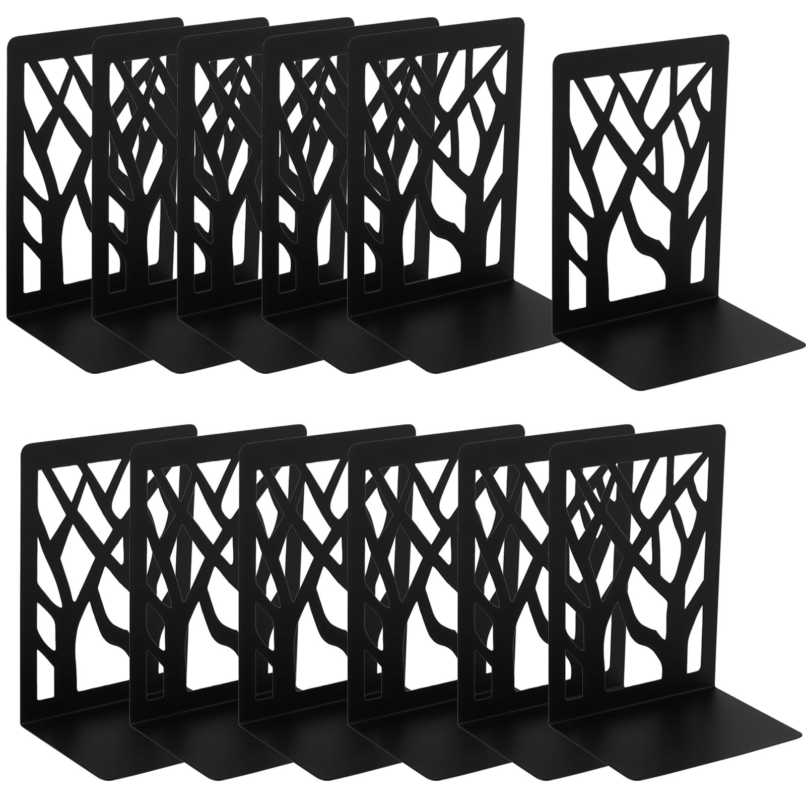 HAKZEON 12 PCS Black Heavy Duty Book Ends, 6 works Decorative Tree Design Book Stopper Supports
