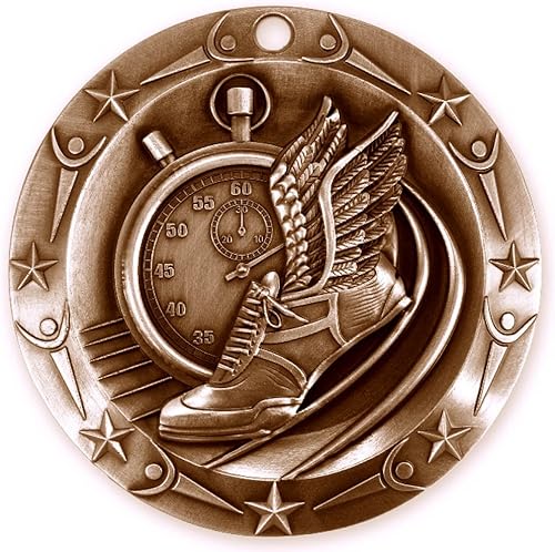 Miniatura 4 de Decade Awards Medalla grabada Track World Class  Medallón de correr de 3 pulgadas de ancho con estrellas y rayas de bandera estadounidense con cinta