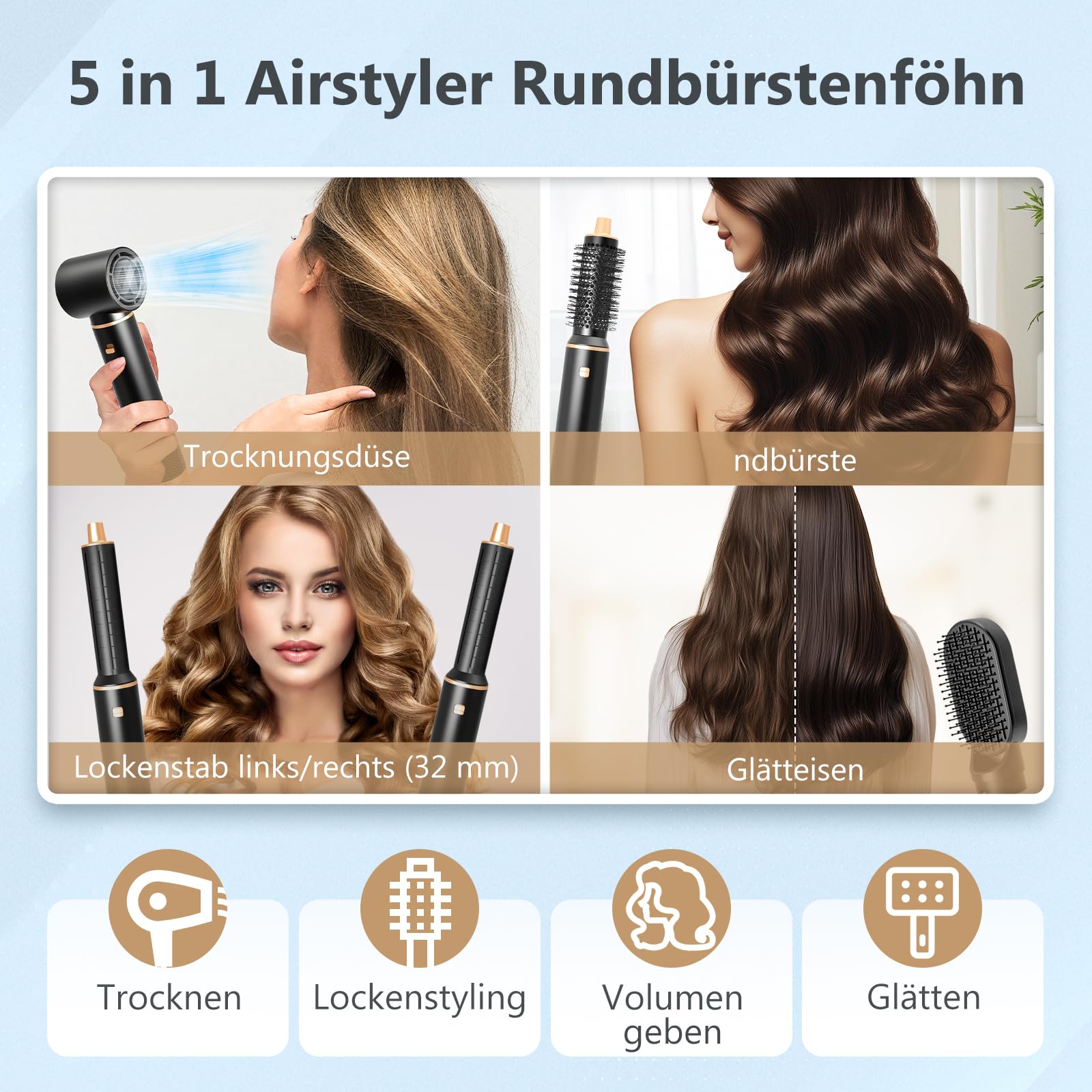 Asciugacapelli 5 in 1, Spazzola Soffiante Airstyler set, Hairstyler 5 in 1 Multifunzione Phon Capelli Auto Riccioli Ferro, Phon con 3 Temperatures Styling Liscio, Onde, Ricci, Strumenti Capelli